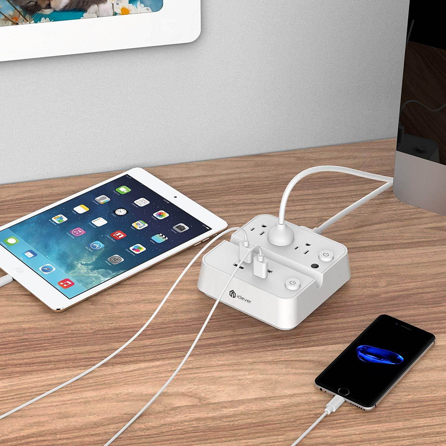 [Separate Switch Control] iClever BoostStrip IC-BS02 Smart Power Strip | USB Charger with 4 USB + 3 AC Outlets, Dual Switch Control Charging Station and Phone/Tablet Stand - White