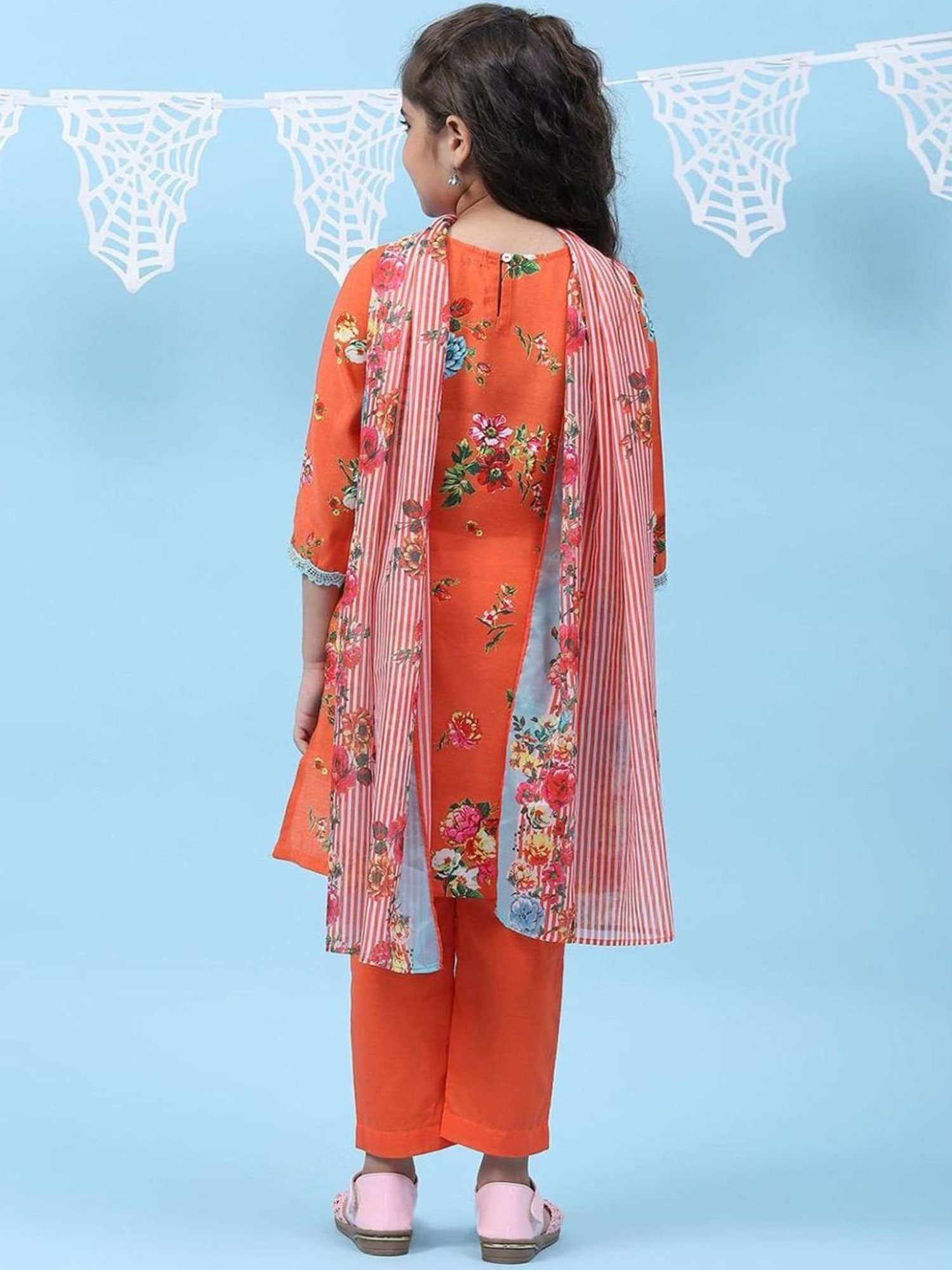 Biba Kids Orange & Sky Blue Floral Print Kurta Set