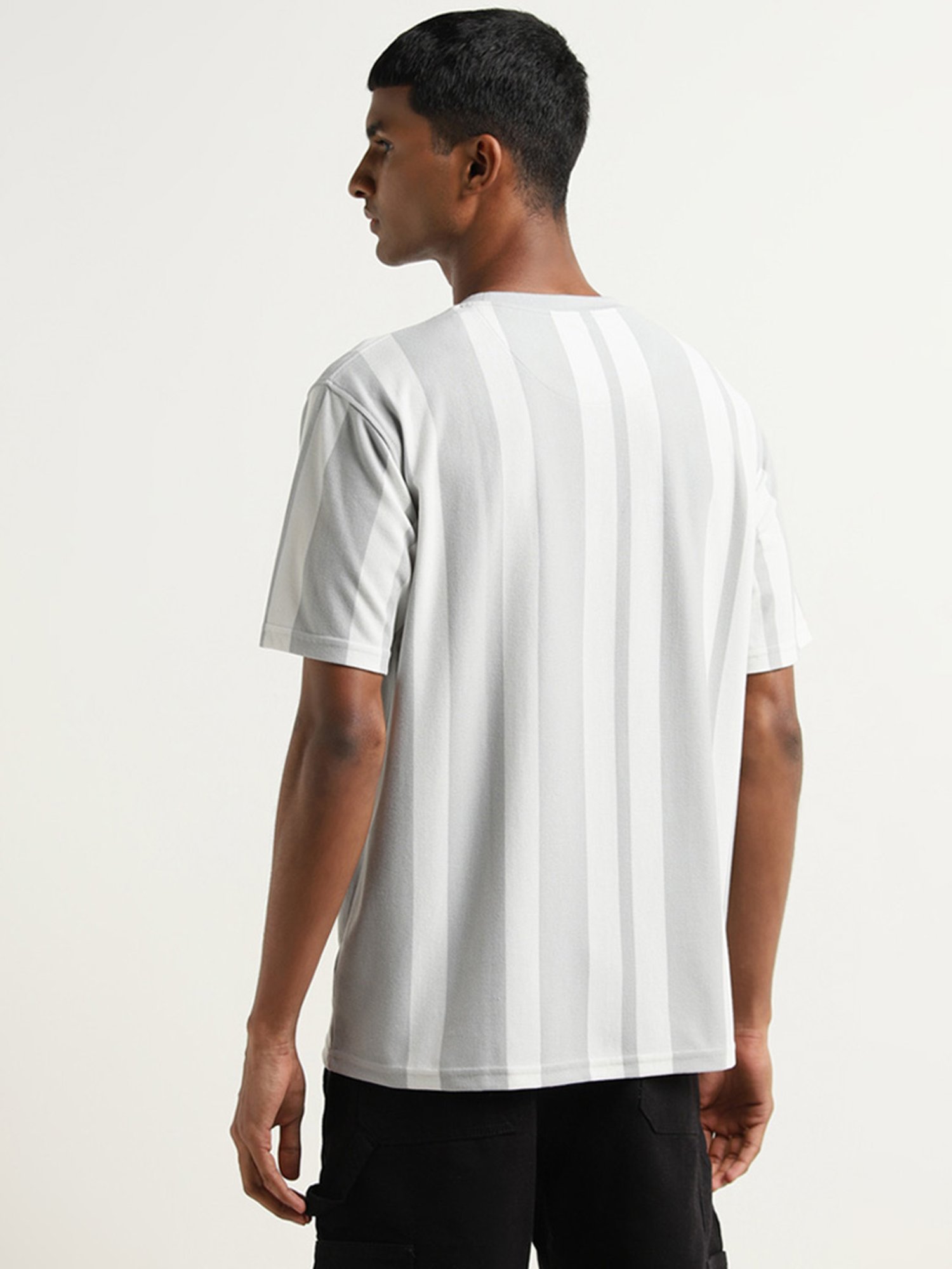 Nuon by Westside Light Grey Striped Regular-Fit T-Shirt