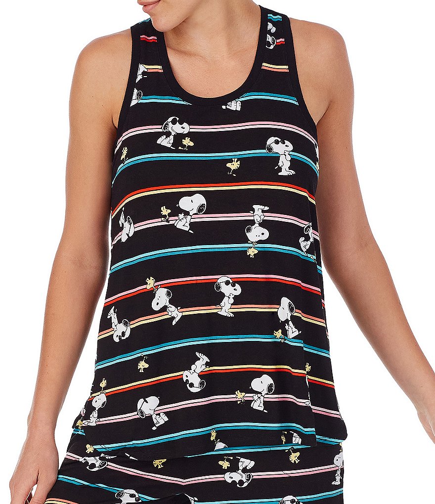 Peanuts Striped Print Snoopy Toss & Woodstock Screen Print Jersey Knit Coordinating Sleep Tank