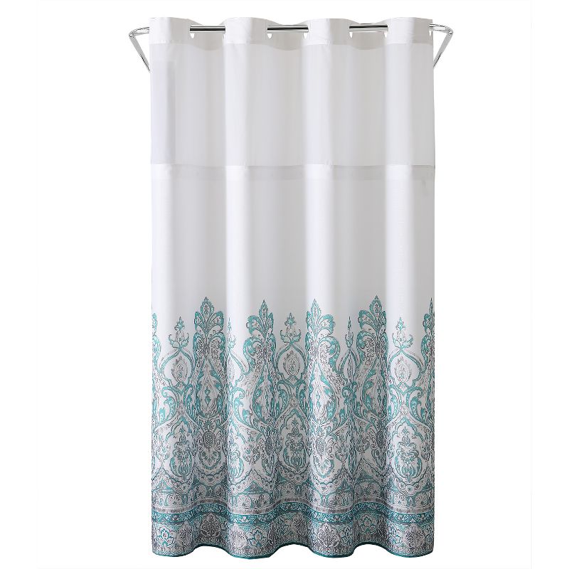 Damask Border Shower Curtain with Liner Teal - Hookless
