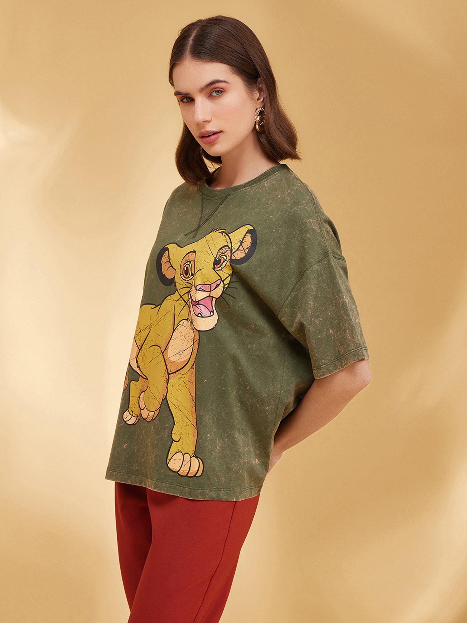 Kazo Olive Cotton Printed Oversized T-Shirt