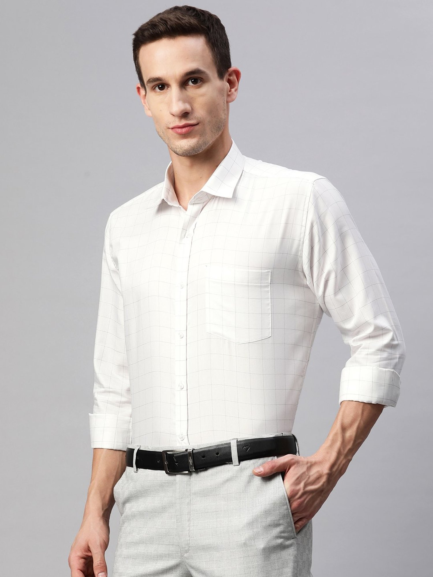 ManQ White Regular Fit Check Shirt