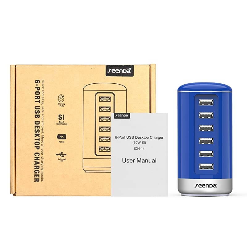 6 Port USB Charging Station  USB Desktop Charger with Smart Identification Blue
