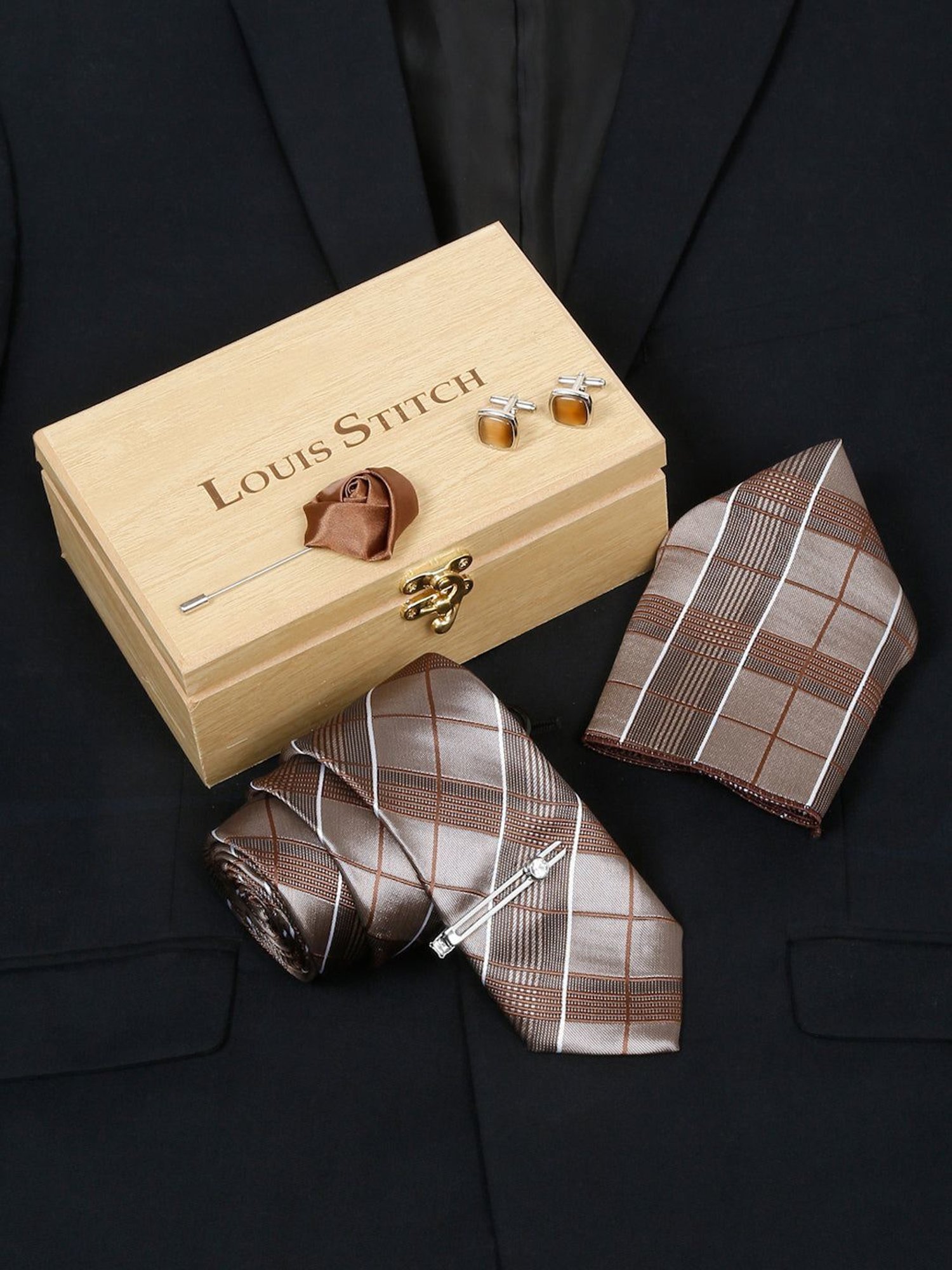 Louis Stitch Brown Checks Necktie Gift Set - Set of 5