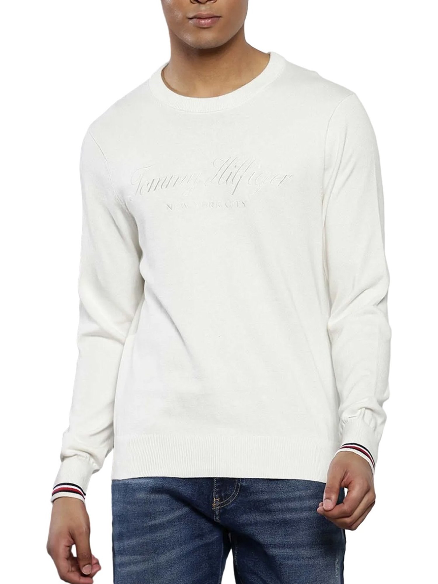 Tommy Hilfiger White Suede Cotton Regular Fit Embroidered Sweater