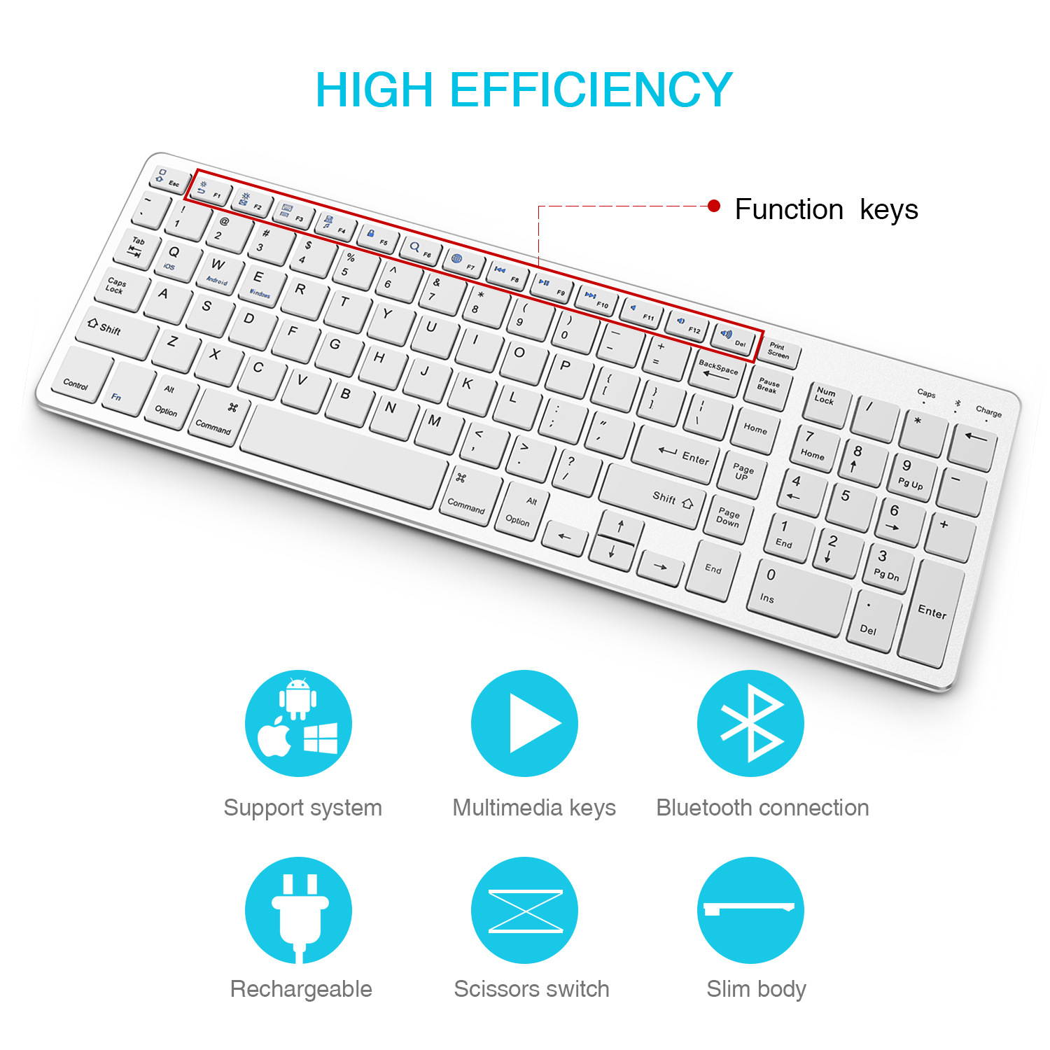 Rechargeable Bluetooth Keyboard Wireless Full Size Keypad with Number Pad for Laptop/Desktop support Win/IOS/Android