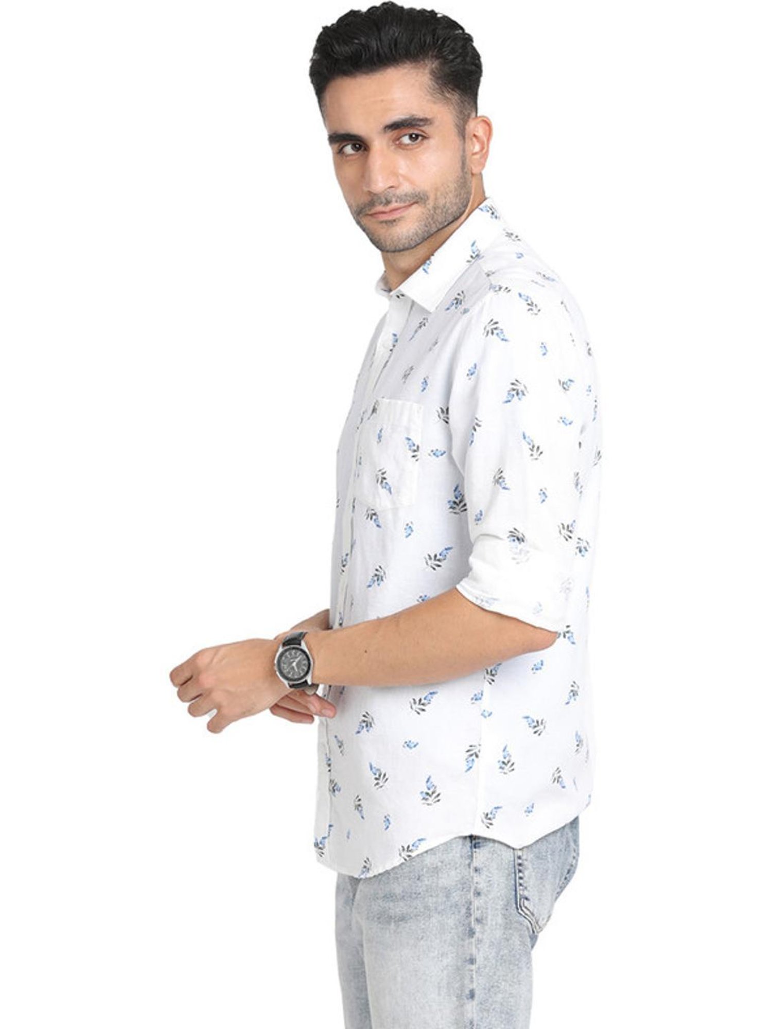 Turtle White Cotton Linen Slim Fit Printed Shirts