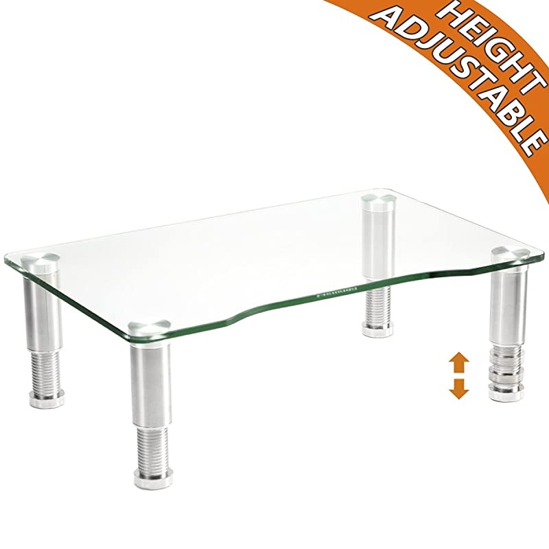 Tempered Glass Computer Monitor Riser with Height Adjustable Multi Media Desktop Stand for Flat Screen LCD LED TV, Laptop/Notebook/Xbox One,HD01T-002