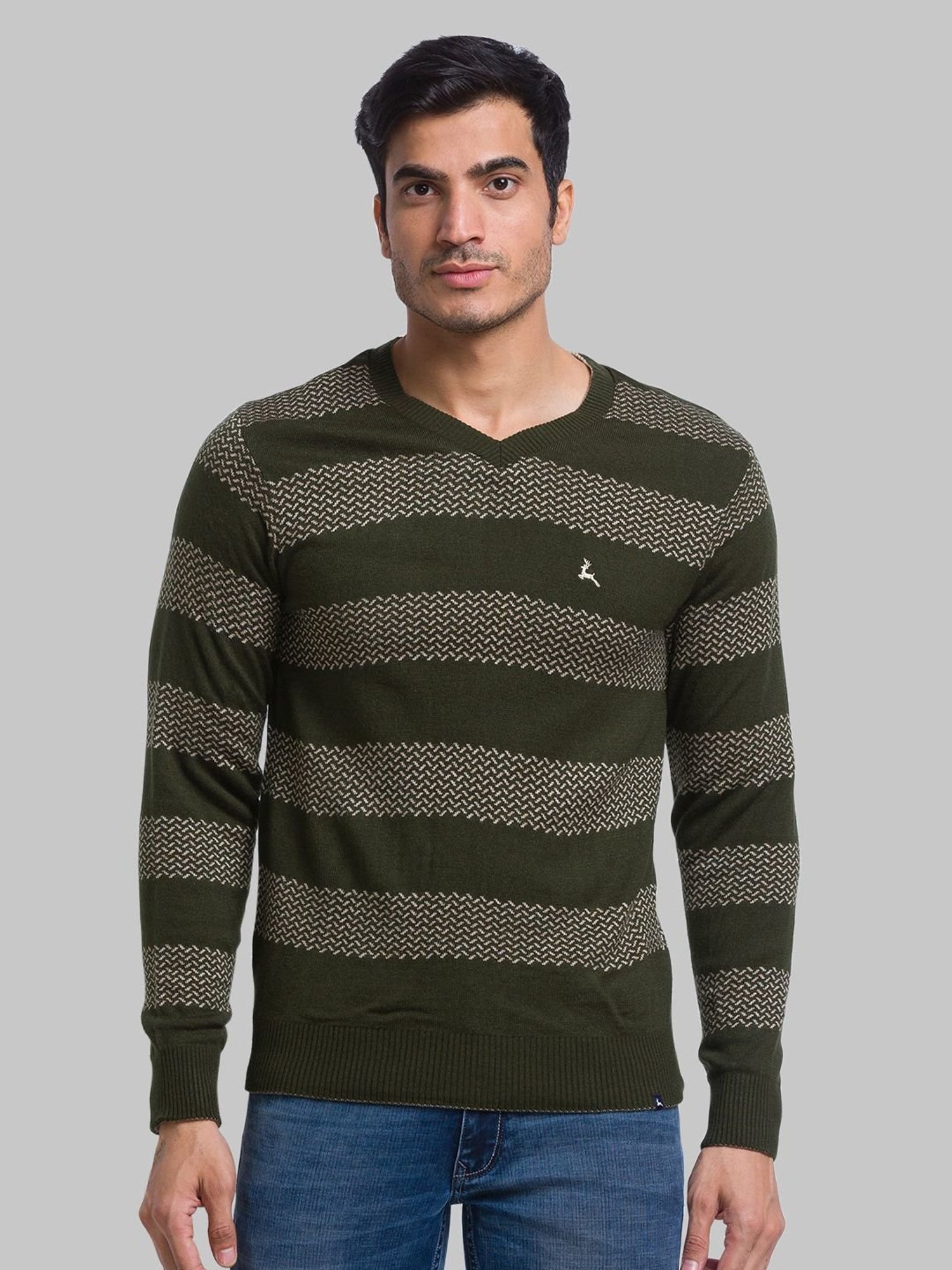 Parx Green Regular Fit Striped Sweater