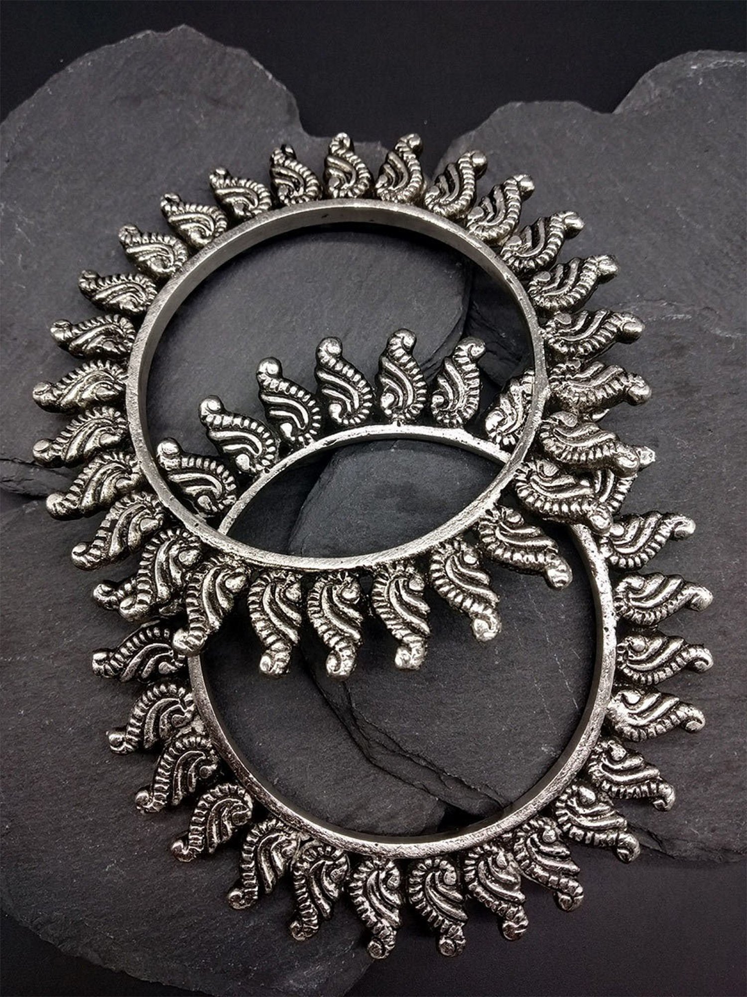 Fida Silver-Plated Oxidised Swirl Bangles for Women - Set of 2