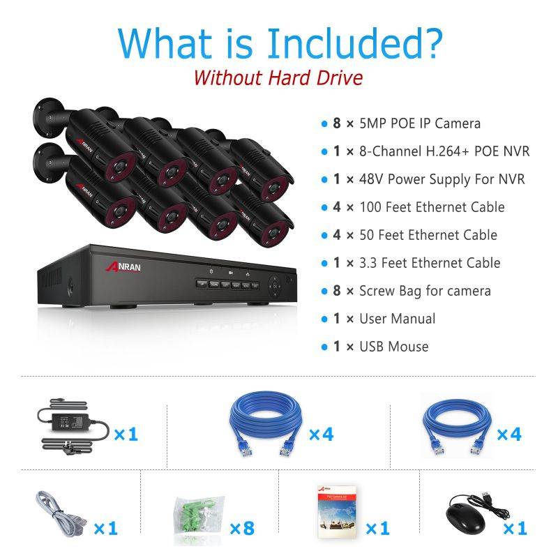 ANRAN 1920P H.264 Home Wired Security Cameras System, 8CH 5.0MP HD POE NVR 8pcs 1920P Outdoor Indoor Waterproof Surveillance Cameras , Night Vision,Email Alarm,Motion Detection (No HDD)