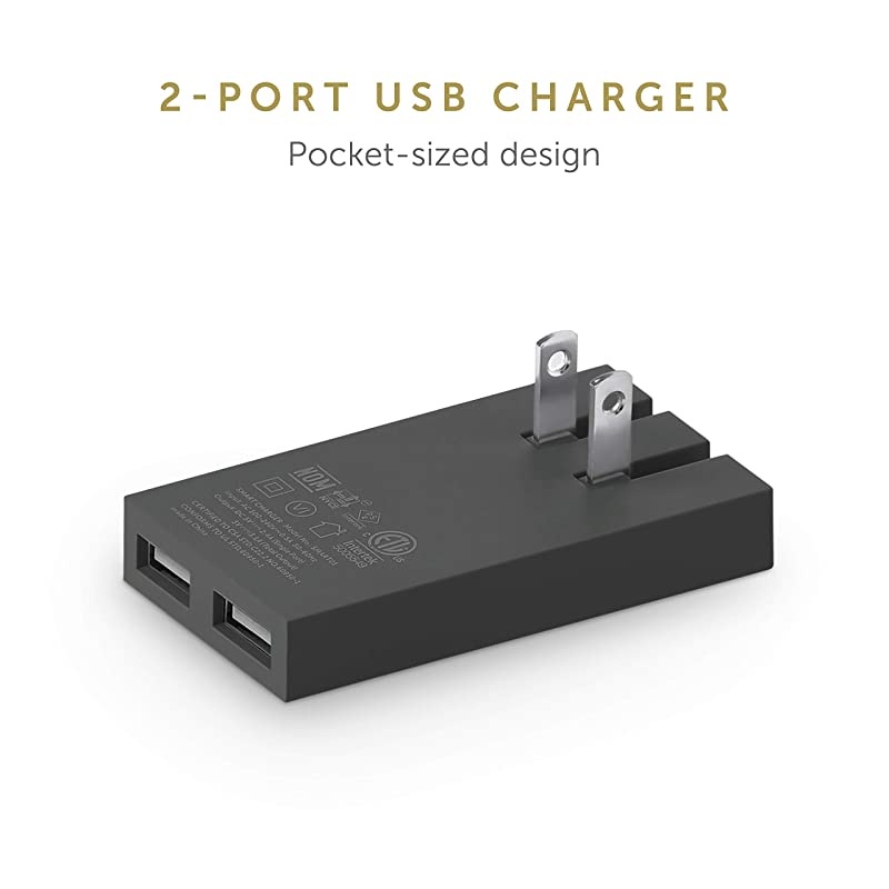 Smart Charger - Slim 2-Port Foldable USB-A Universal Wall Charger with Smart IC Technology - Quick Charging Compatible with iPhone, iPad, Smartphones and Tablets (Taupe/Fabric)