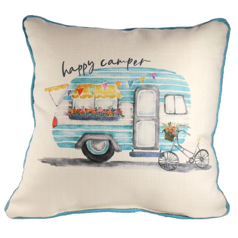Home Decor 17.0" Happy Camper Pillow Vintage Bike Blue Piping  -  Decorative Pillow