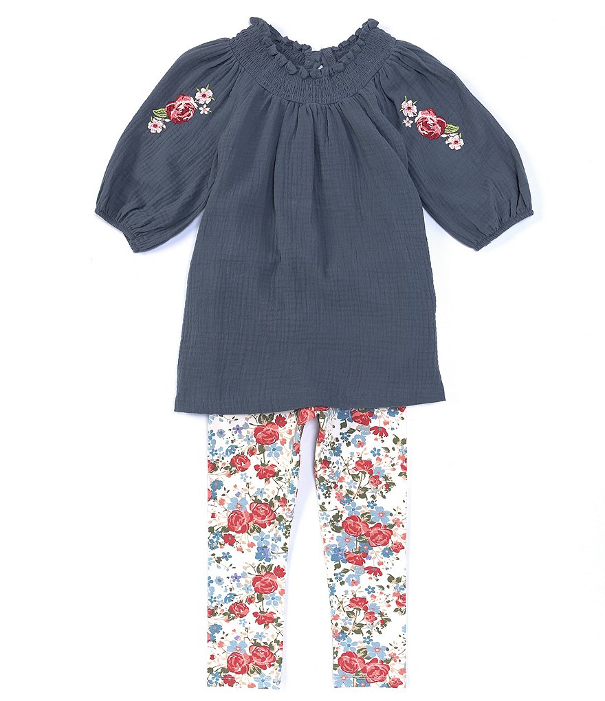 Bonnie Jean Little Girls 2T-6X Smocked Gauze Tunic Top & Floral Leggings Set