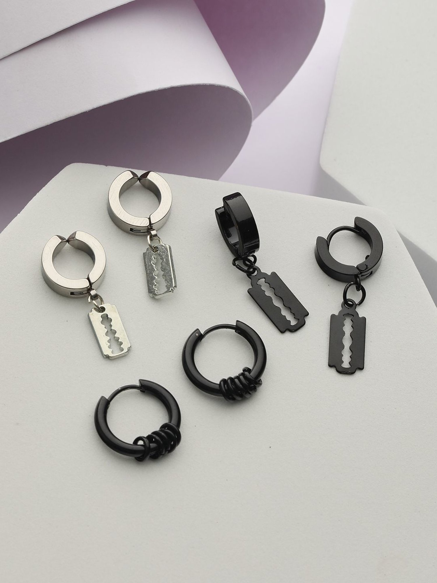 Bold by Priyaasi Black & Silver Blade Ring Hoop Earrings for Men - Set of 3