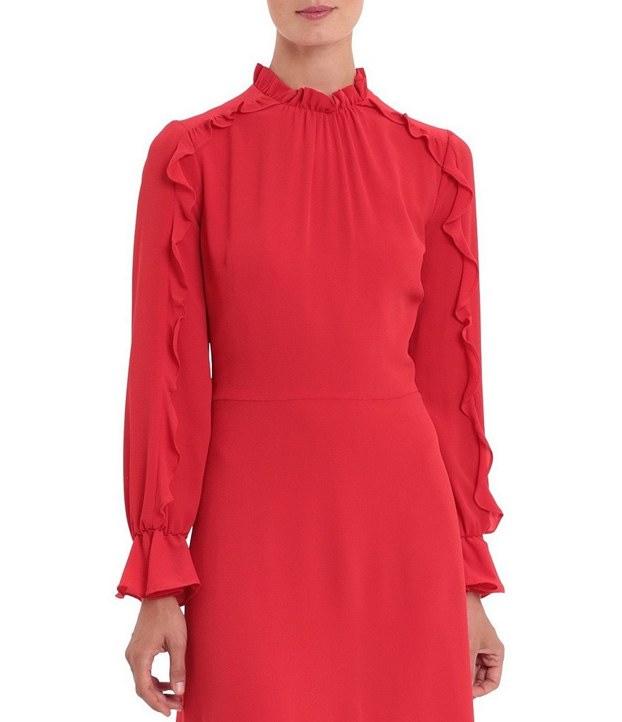 Donna Morgan Mock Neck Ruffle Long Sleeve Catalina Crepe Midi Dress