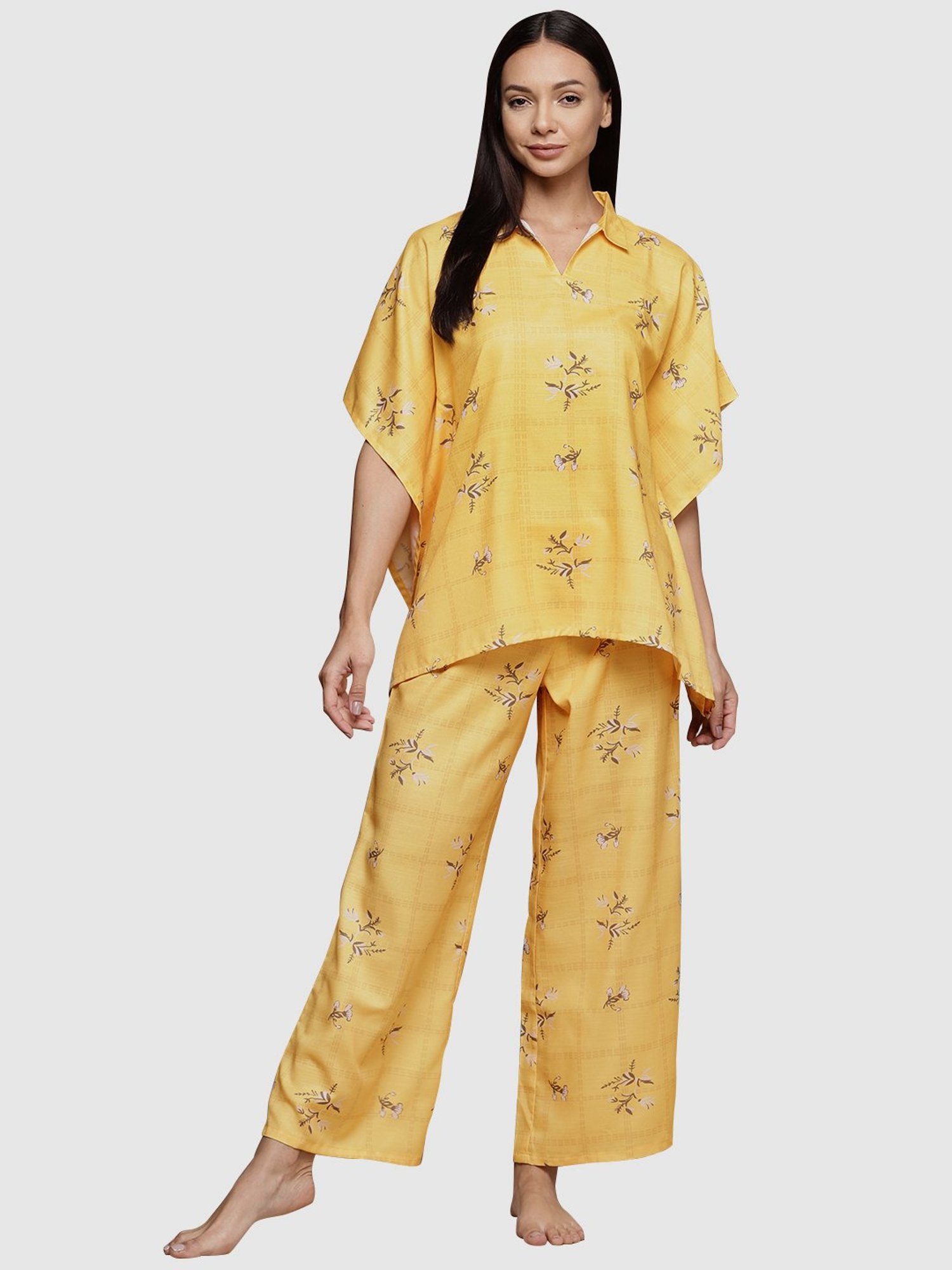 Ziyaa Yellow Floral Print Kaftan Pyjama Set