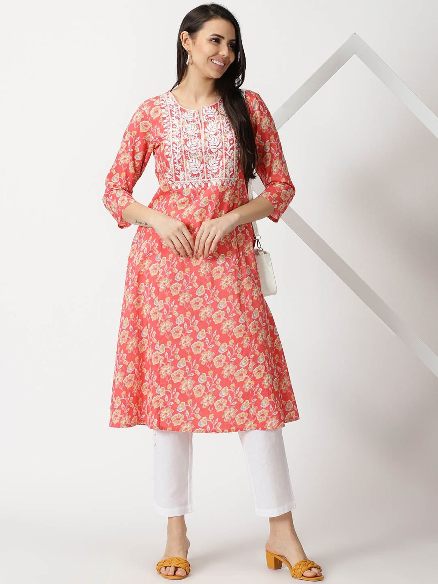 Saffron Threads Coral Cotton Floral Print A Line Kurta