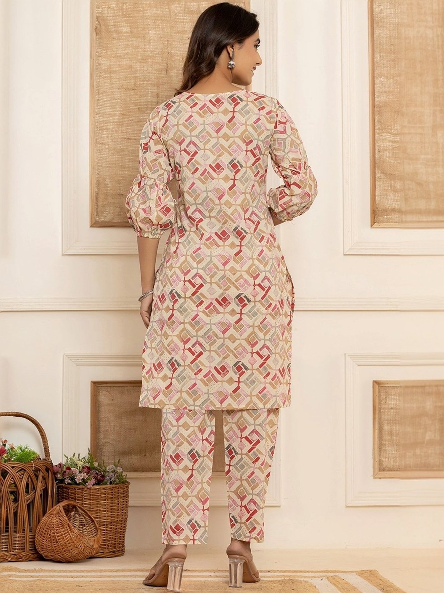 Yufta Cream Cotton Printed Tunic Pants Sets