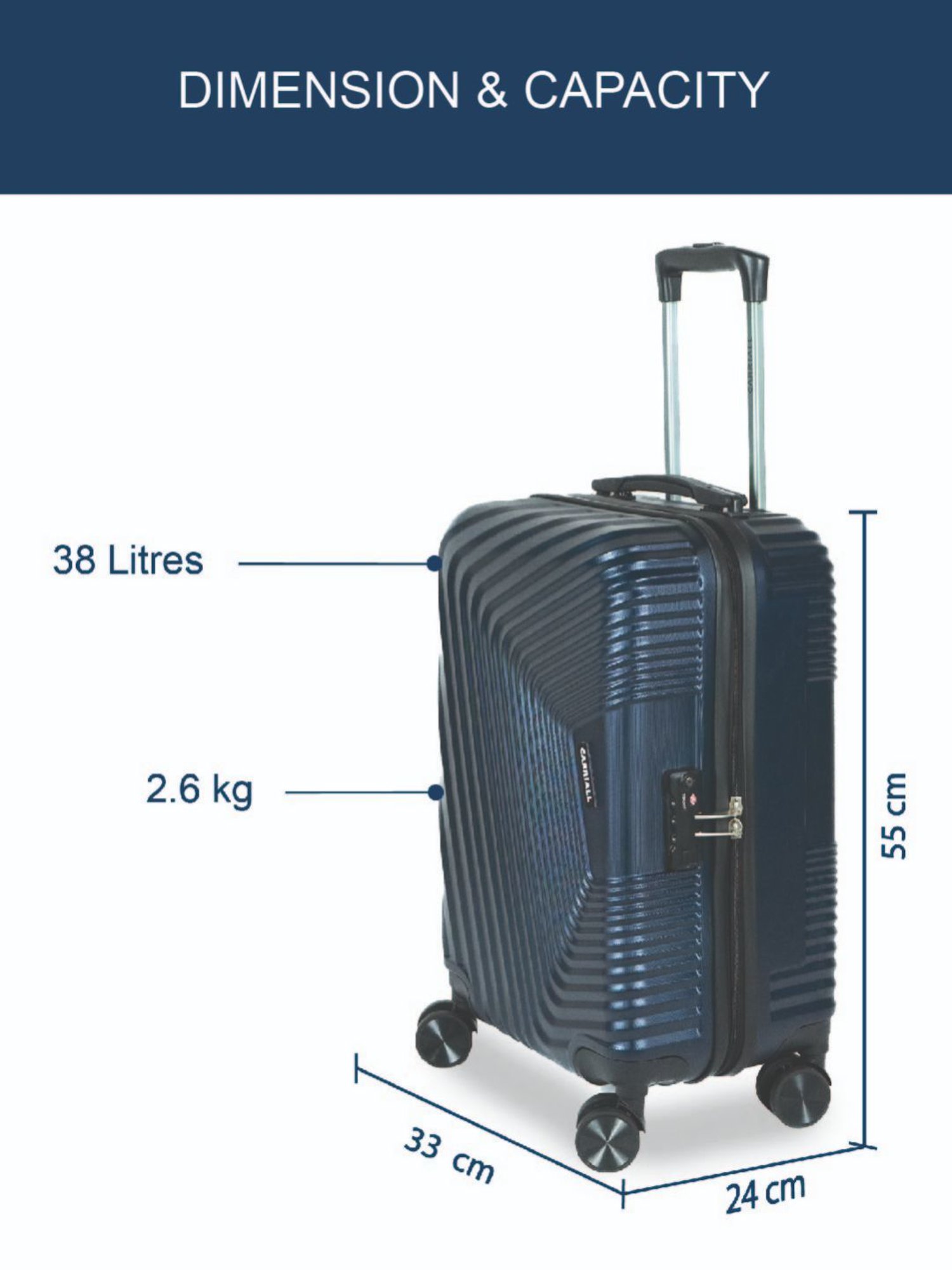 Carriall Navy Blue 8 Wheel Small Hard Cabin Trolley - 33 cm