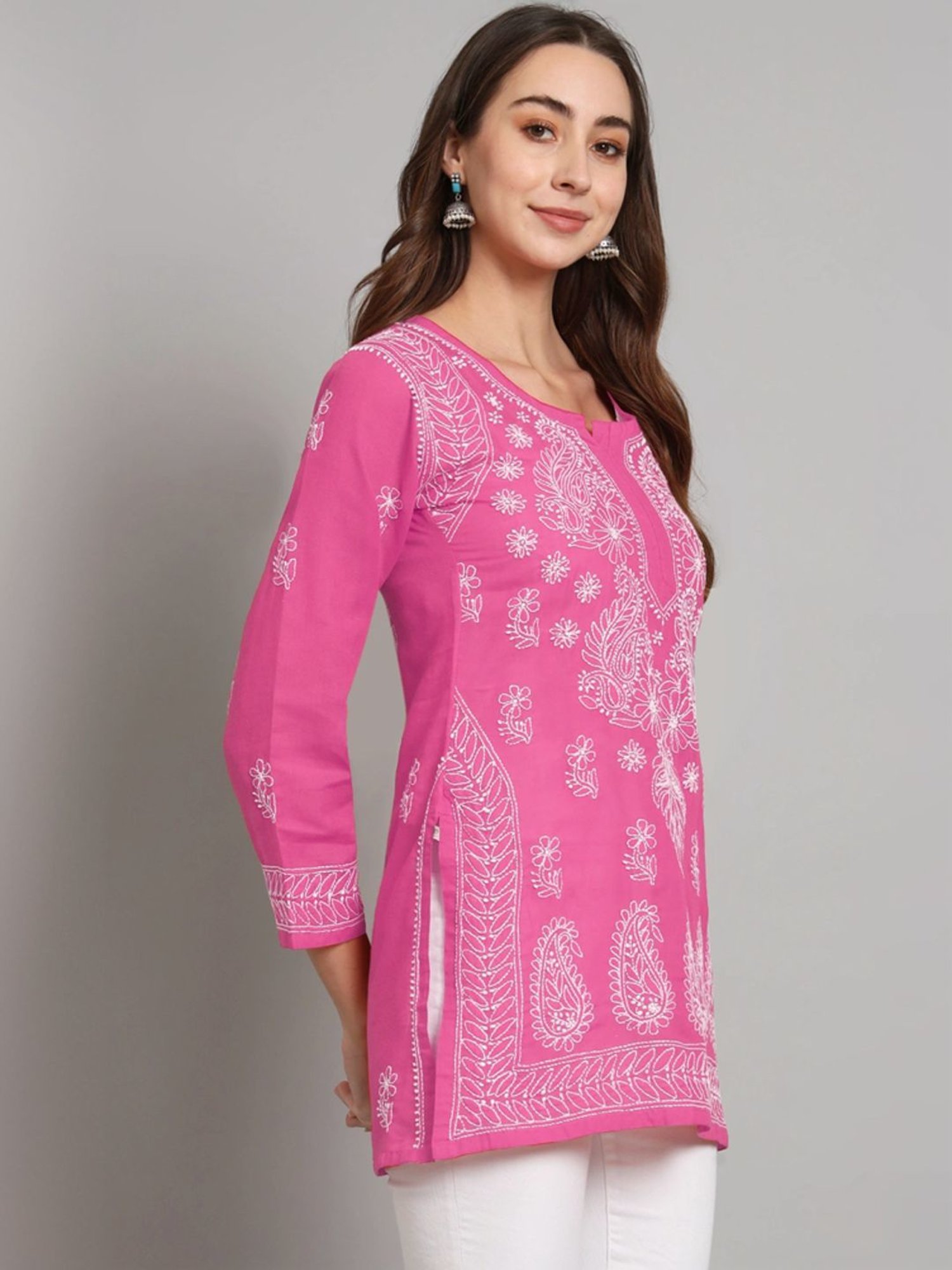 PARAMOUNT CHIKAN Hot Pink Cotton Hand Embroidered Chikankari Straight Kurti