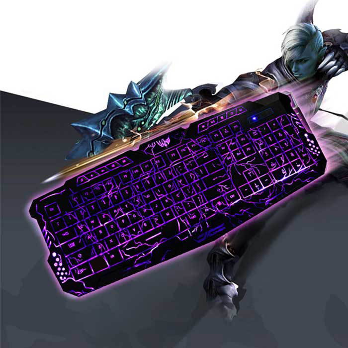 A878 114-Key LED Backlit Wired USB Gaming Keyboard with Cracking Pattern Black