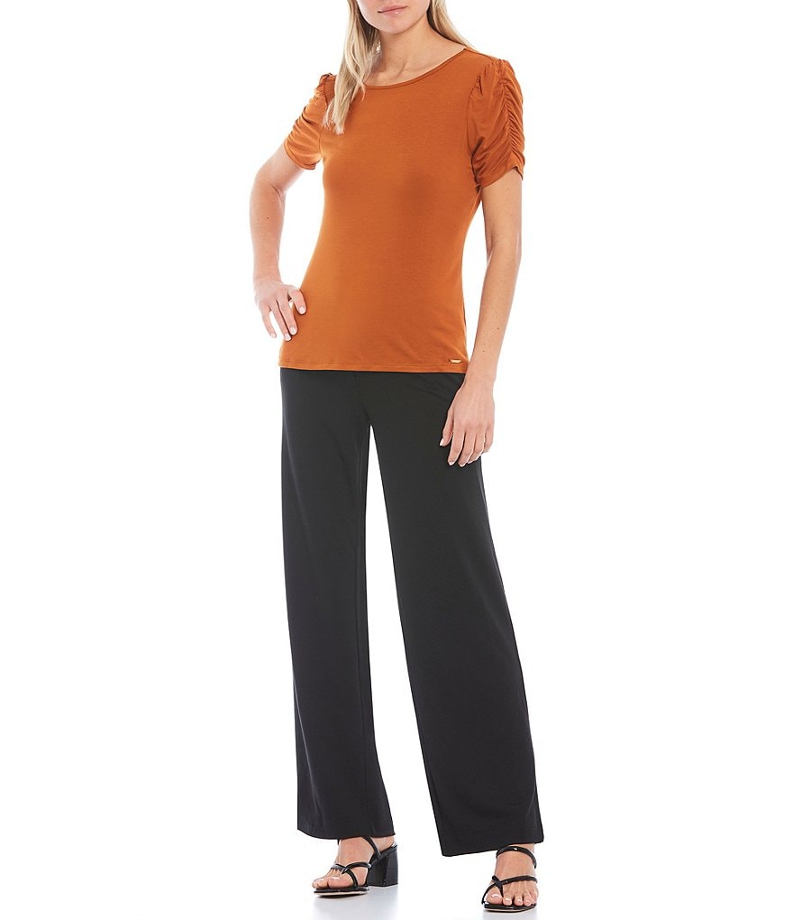 Calvin Klein Solid Knit Round Neck Ruched Short Sleeve Top