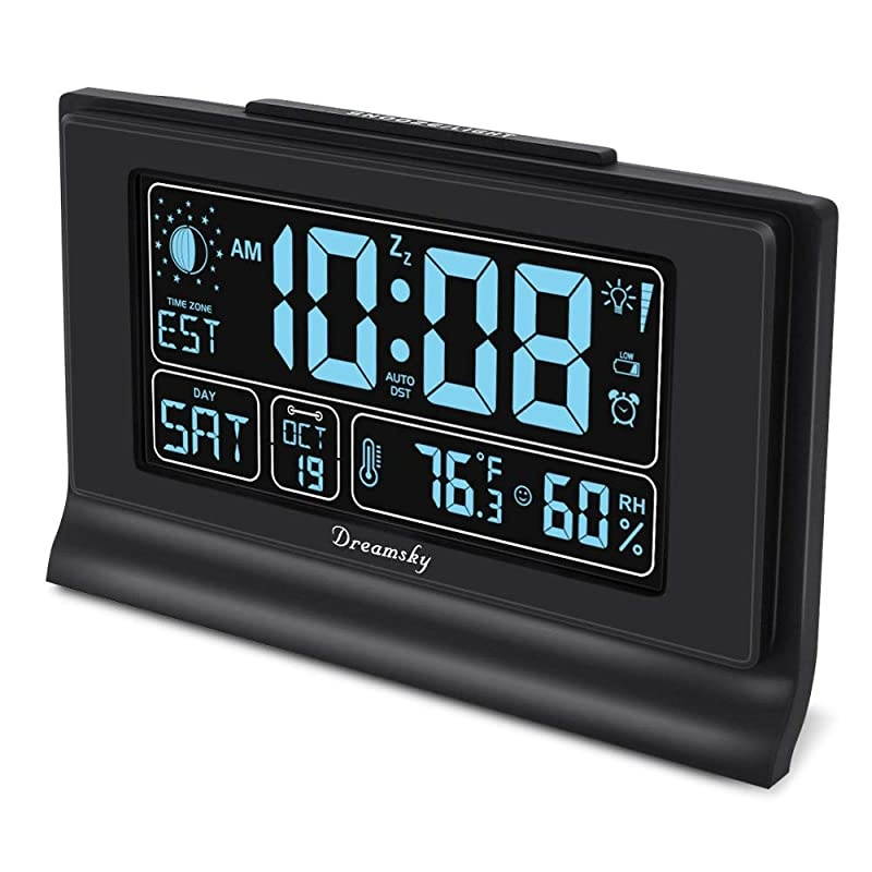 Auto Set Alarm Clock with USB Charging Ports 6quot Large Display with Indoor Temperature amp Humidity DateDay amp Moon Phase Brightness Dimmer Auto DST Backup Battery