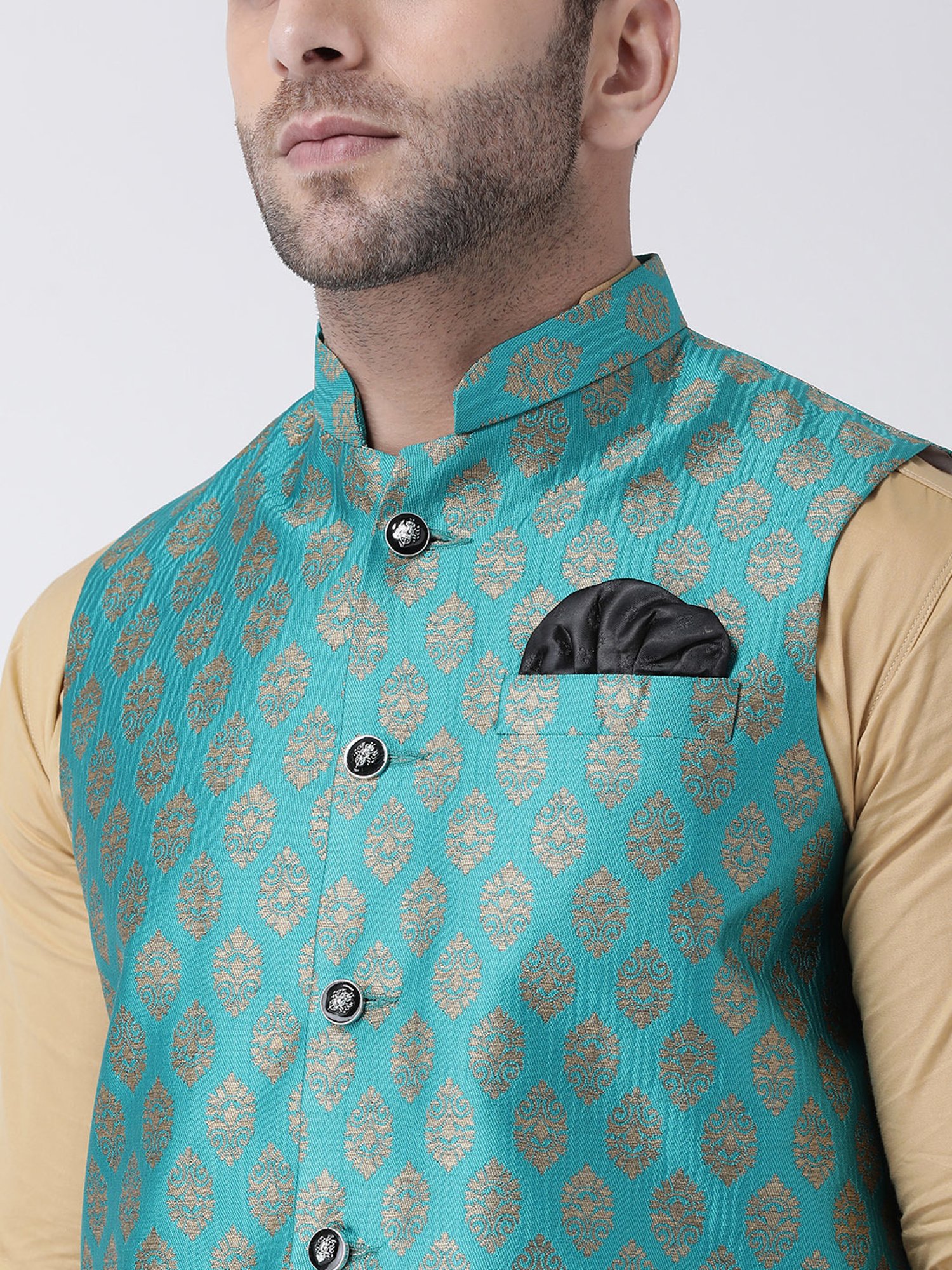 Hangup Plus Turquoise Regular Fit Jacquard Nehru Jacket