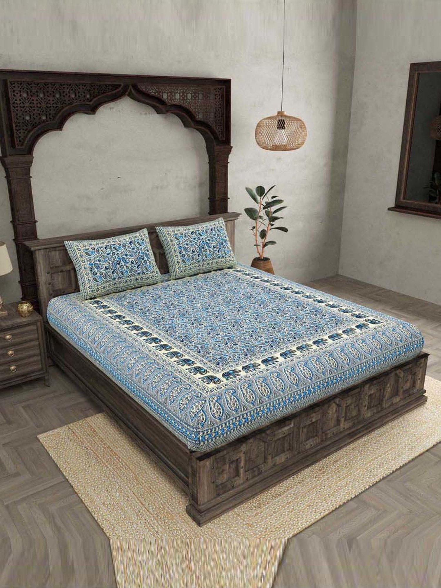 JaipurFabric Blue Cotton 180 TC Double Bedsheet with 2 Pillow Covers