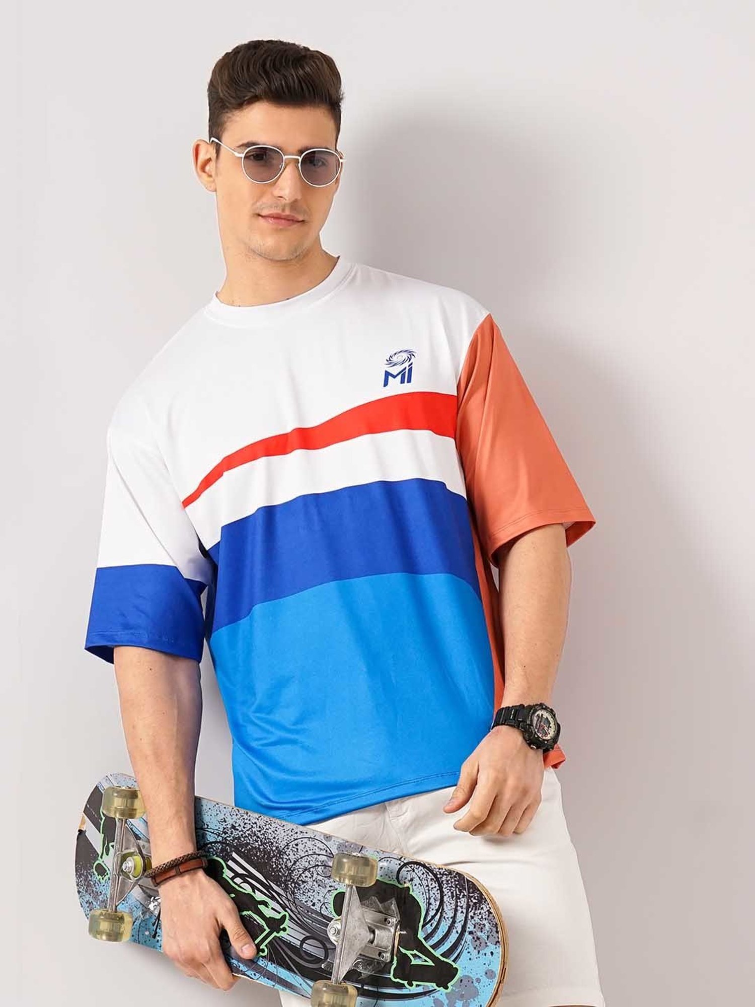 celio* x Mumbai Indians Multicolor Graphic Print Oversized Crew T-Shirt