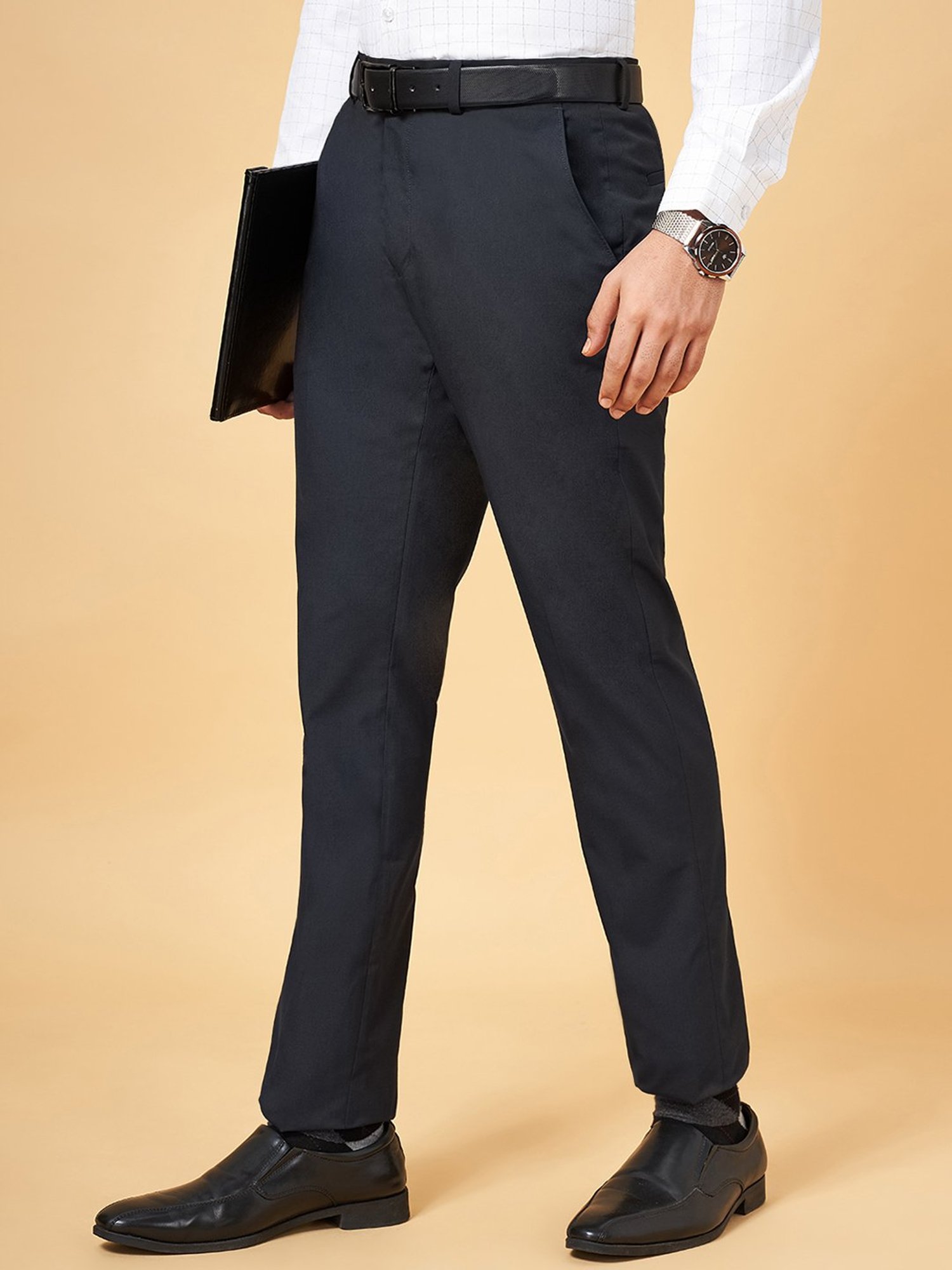 Peregrine by Pantaloons Navy Slim Fit Flat Front Trousers