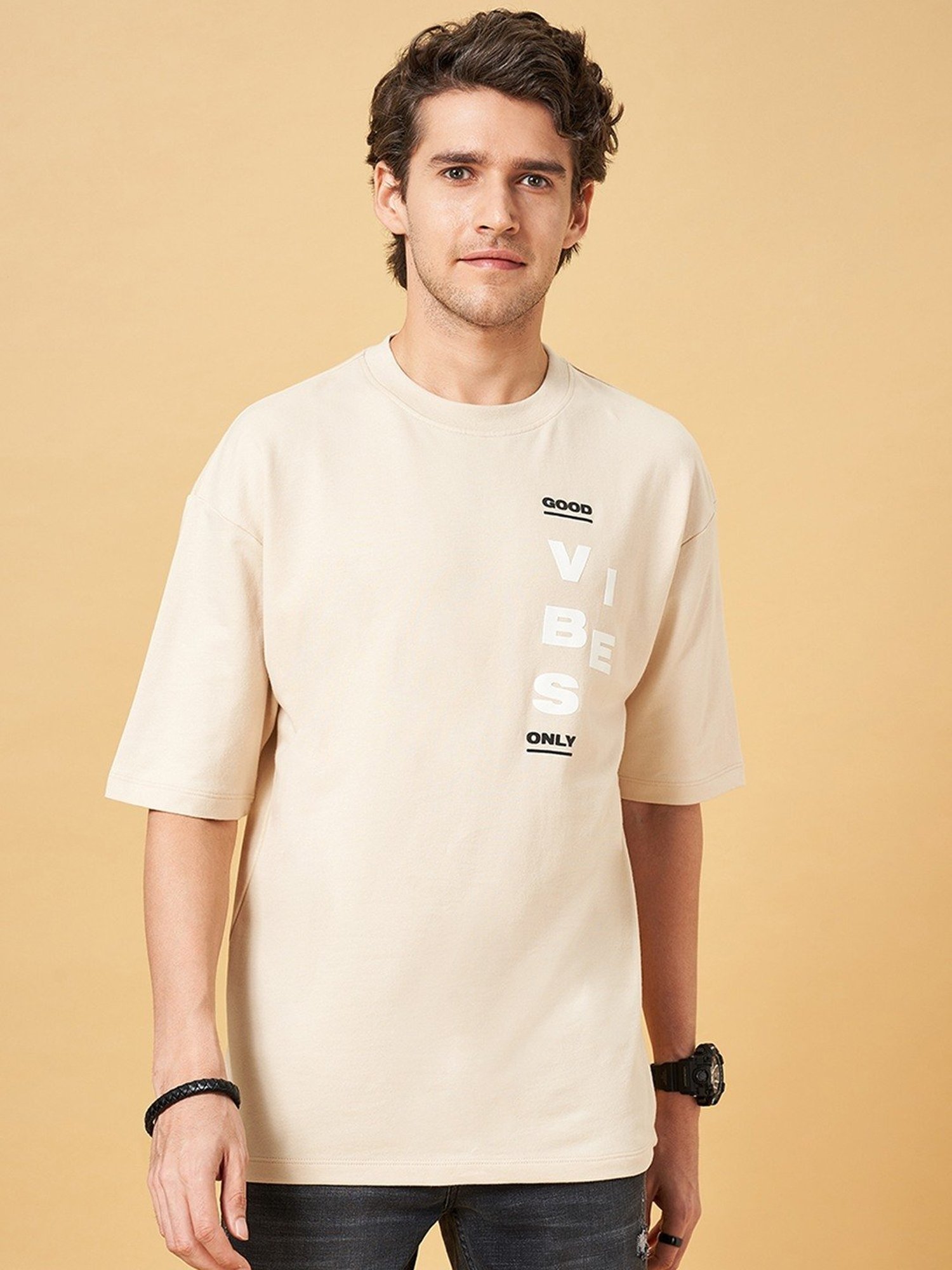 SF Jeans by Pantaloons Beige Cotton Regular Fit Printed T-Shirt