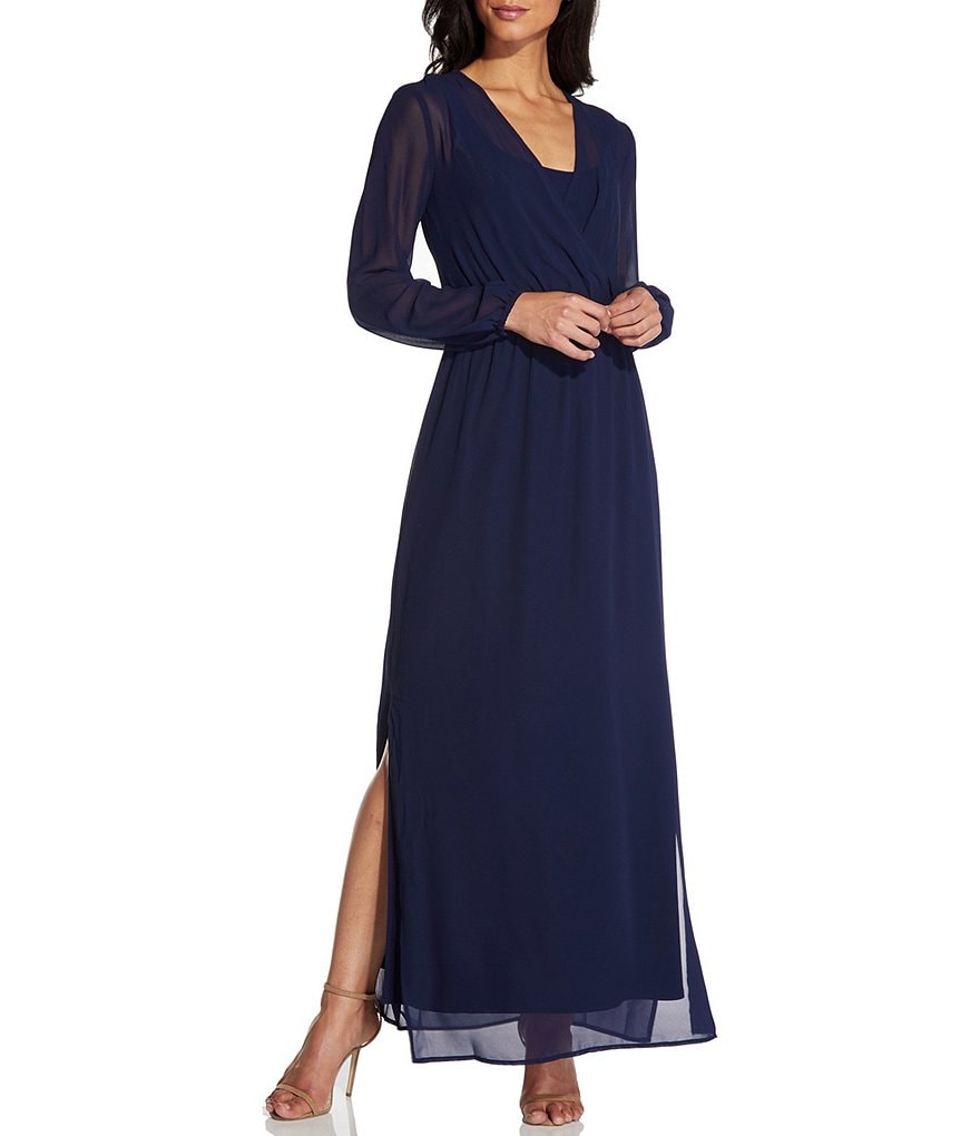 Adrianna Papell Surplice V-Neck Long Sleeve Chiffon Dress