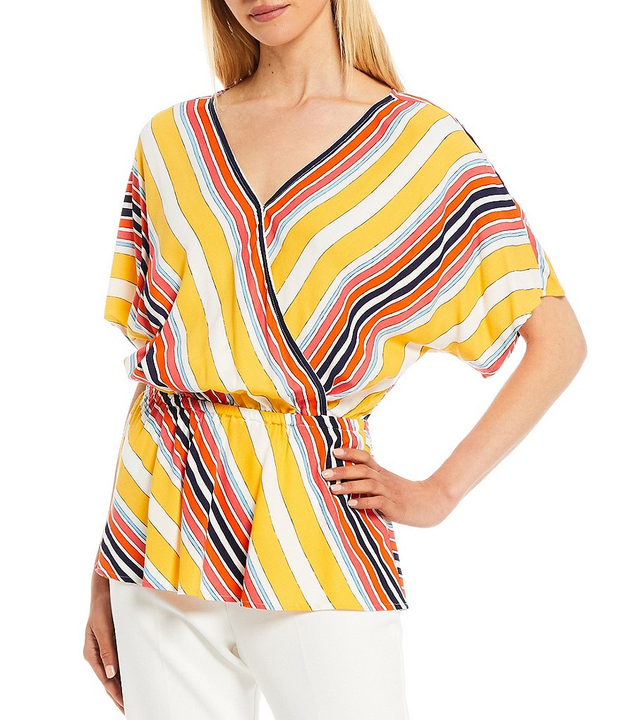 Trina Turk Colorful Stripe Print Surplice Neck Elastic Waist Peplum Top