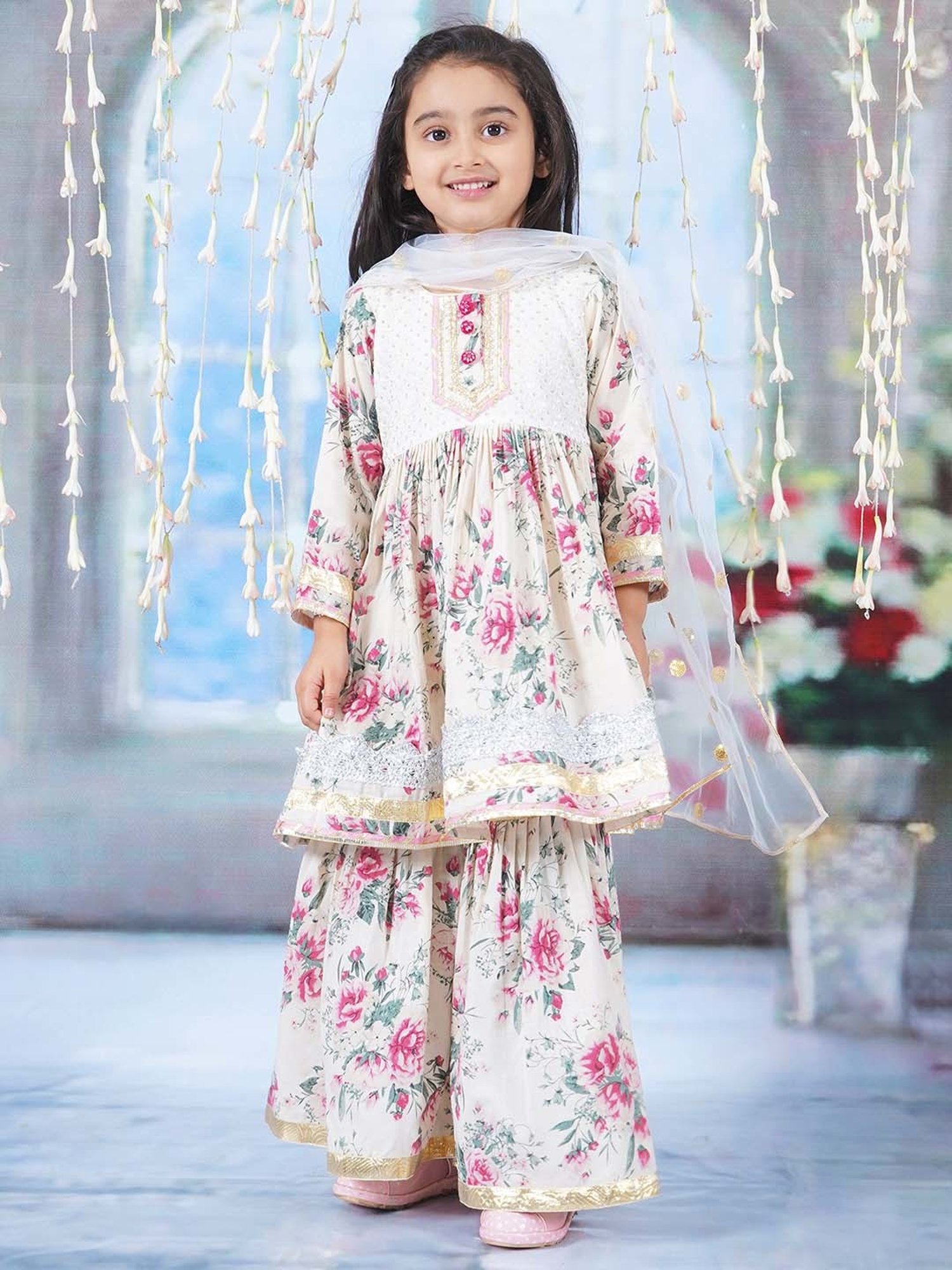Little Bansi Cream & Pink Cotton Floral Print Kurta Set