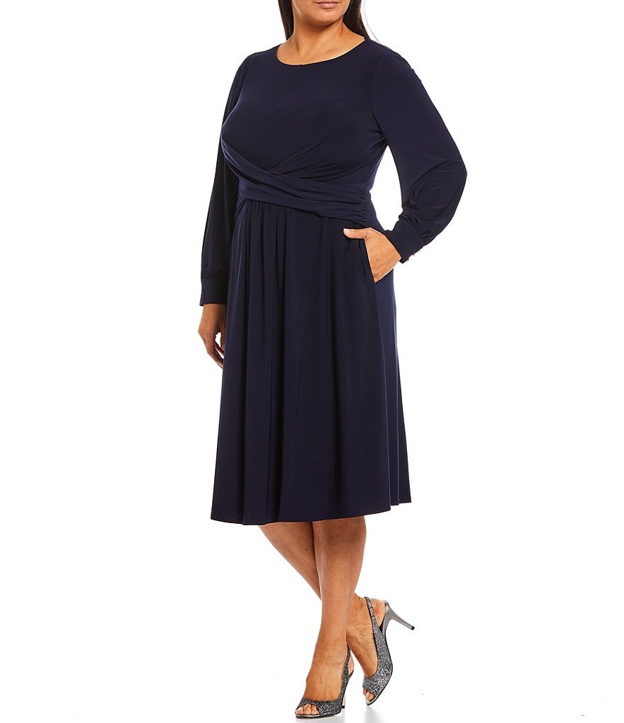 Jessica Howard Plus Size Round Neck Long Sleeve Cross Front Dress