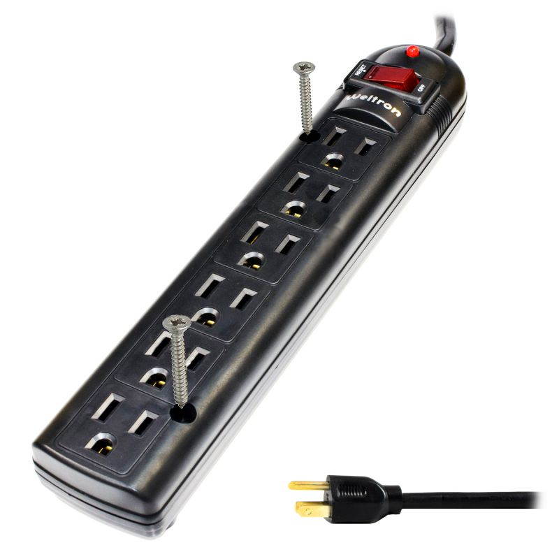 THIS 6 OUTLET PLASTIC POWER STRIP HAS 750 JOULES, EMI/RFI FILTER AND A 25FT POWE