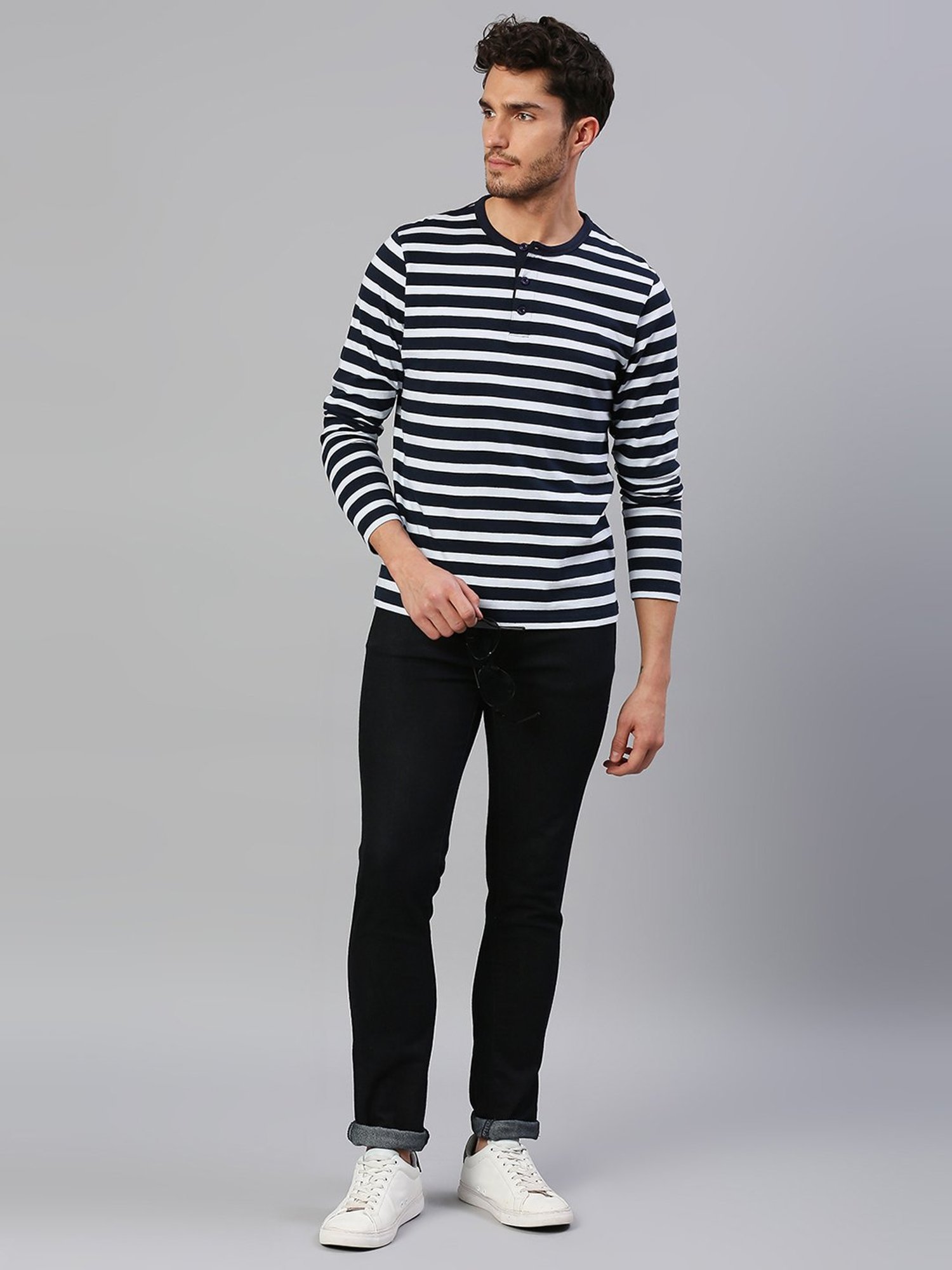 Dennis Lingo Navy & White Regular Fit Henley T-Shirt