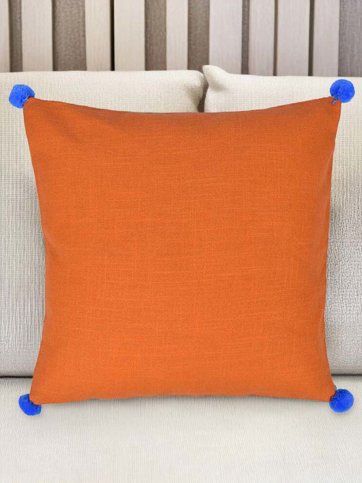 @home Orange & Green Cotton Two Sided Pom Pom Cushion Cover With Zipper