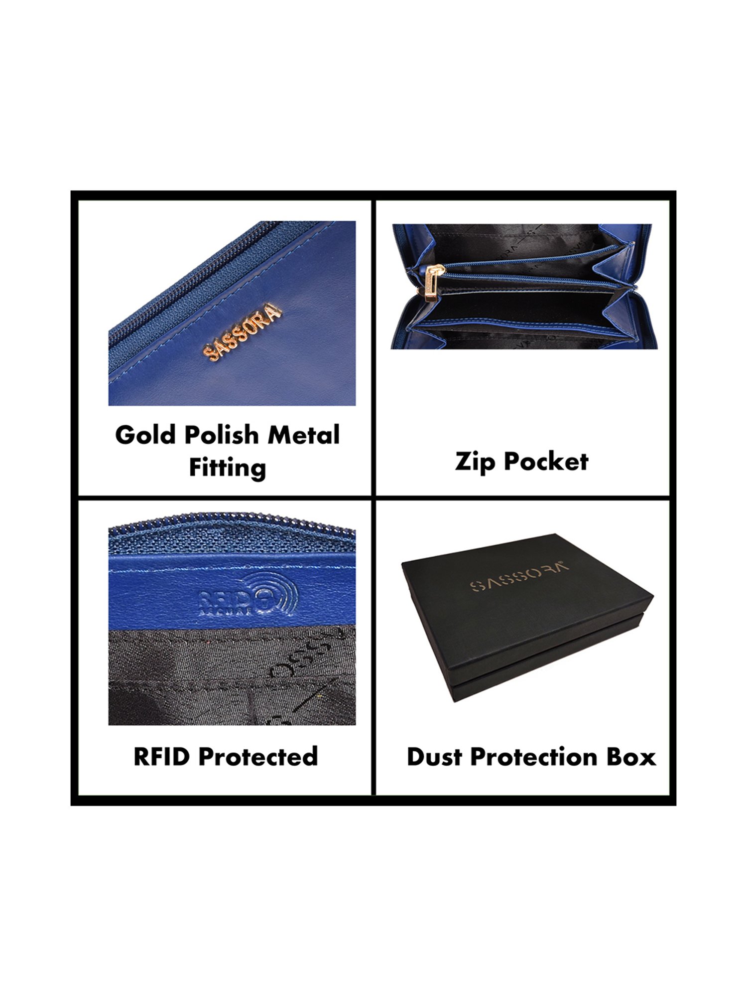 SASSORA Blue Solid Rfid Zip Around Wallet for Women