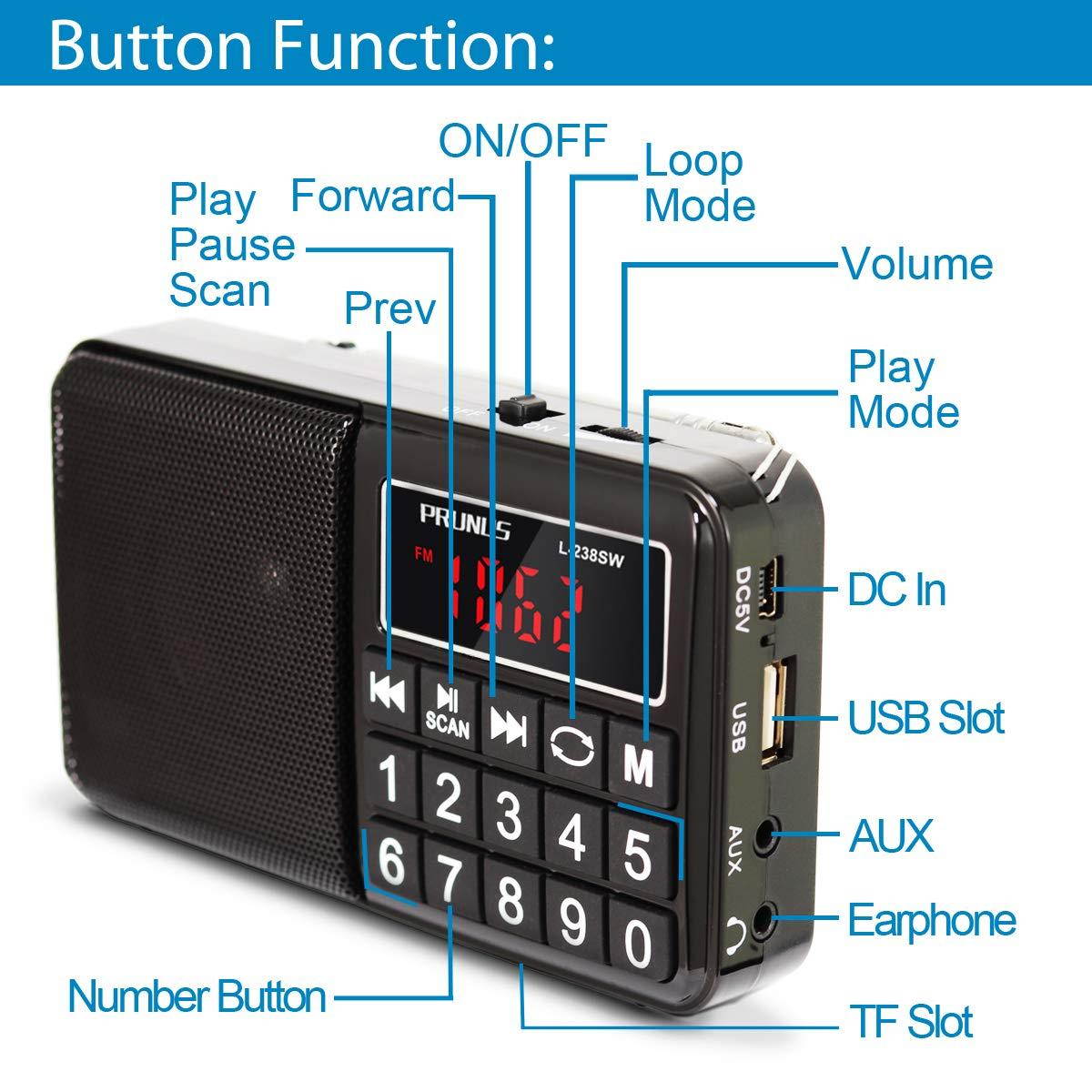 PRUNUS Portable Radio SW/FM/AM(MW)/MP3/USB/SD/TF Rechargeable with Neodymium Speaker. Large Button and Large Display. Stores Stations Automatically. (NO Manual Memory/Delete Stations Function)