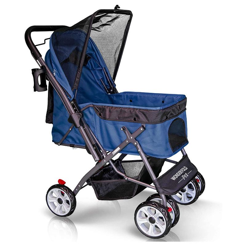 WONDERFOLD P1 Midnight Blue Folding Push Pet Stroller Wagon for Dogs and Cats, Storage Baskets with Zipperless Entry, Midnight Blue