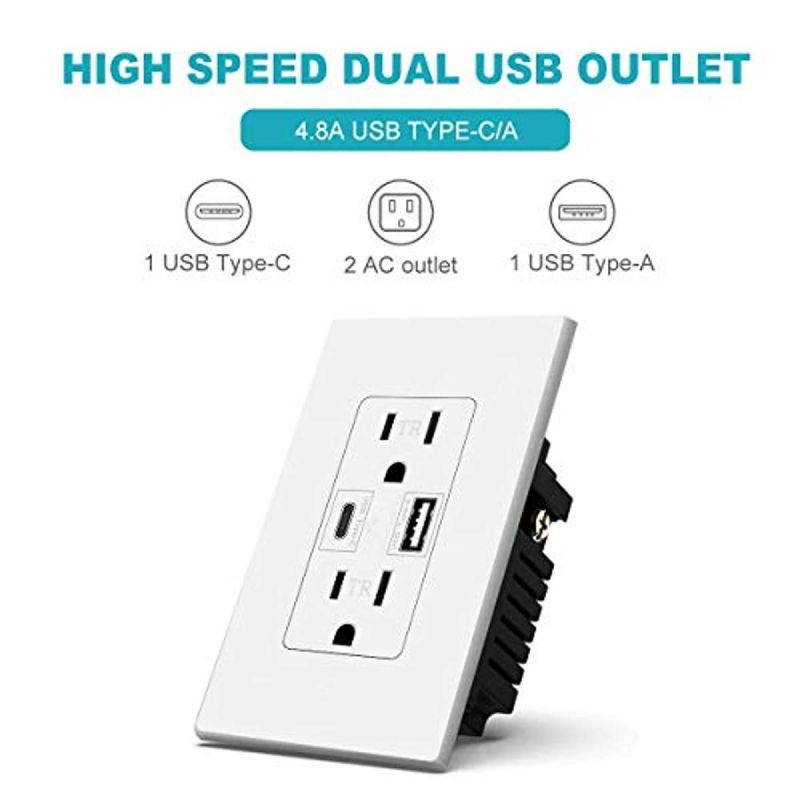 USB C outlet PD Power Delivery Duplex Receptacle 4.8A, Duplex Receptacle In-Wall Charger with 15 Amp, 125 Volt Tamper-Resistant Outlet, White Not for laptops (USB c PD 1pack)
