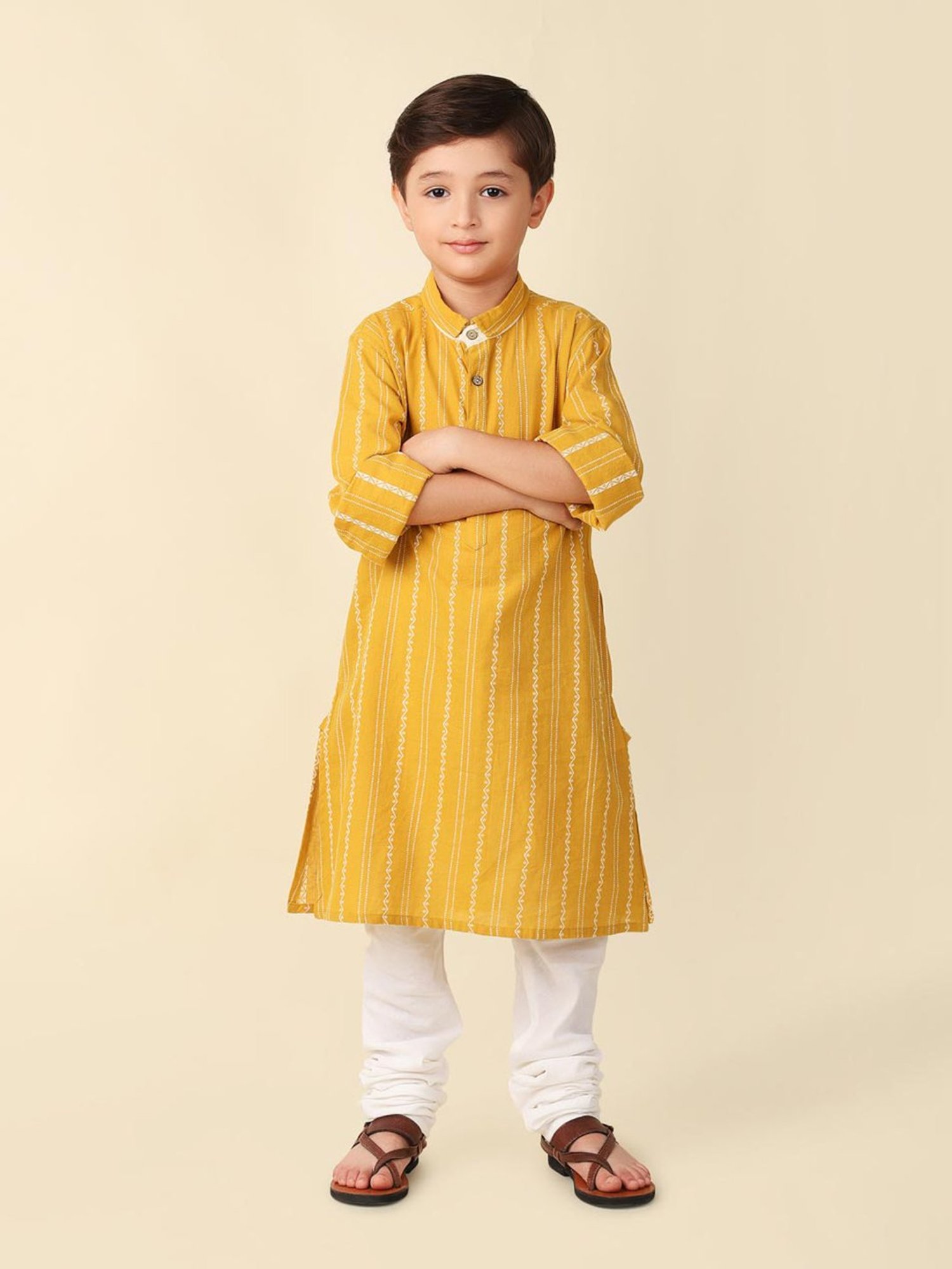 Fabindia Kids Yellow Self Design Full Sleeves Kurta