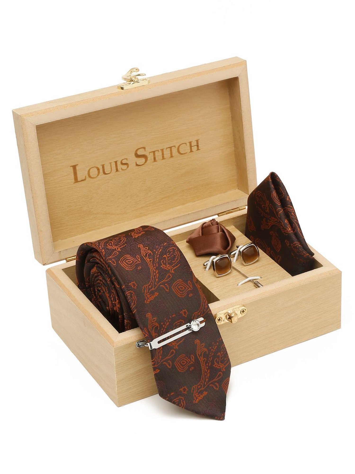 Louis Stitch Brown Embroidered Necktie Gift Set - Set of 5
