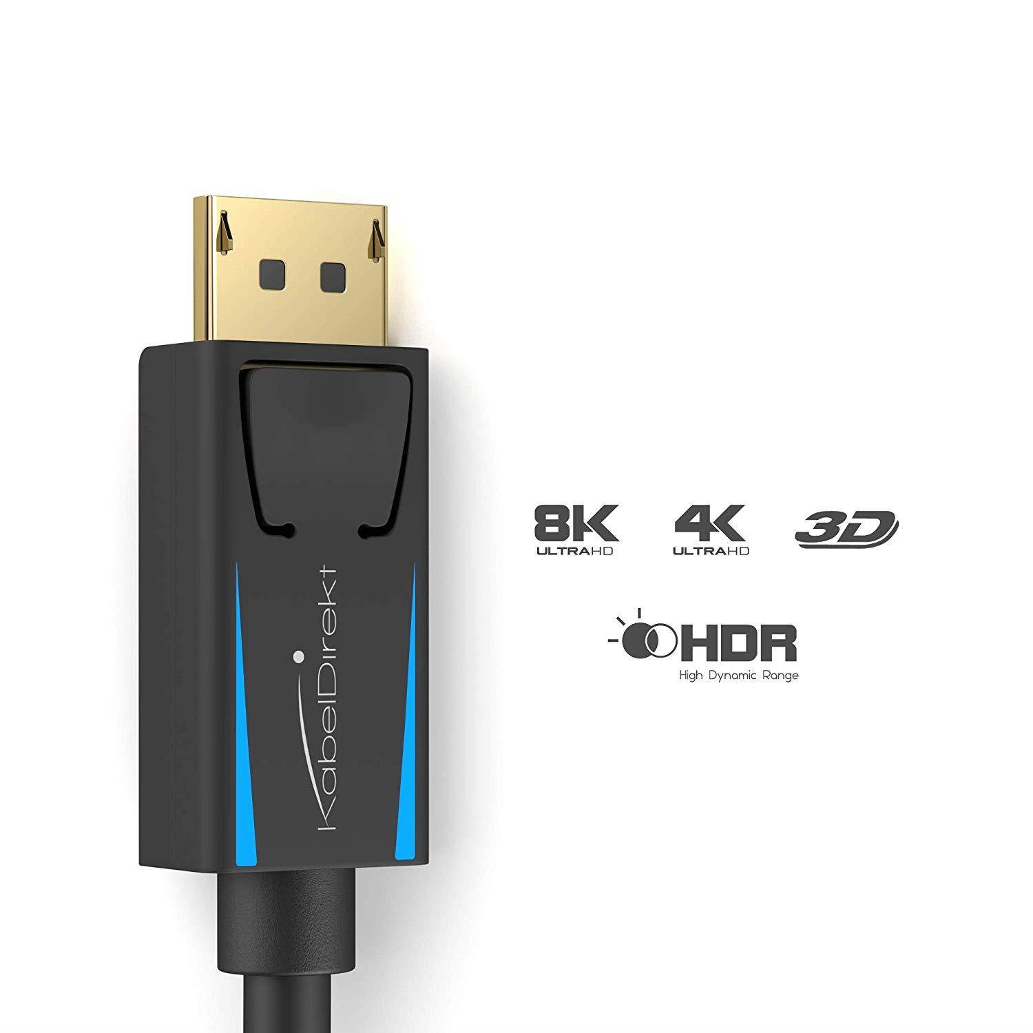 KabelDirekt - 8K DisplayPort (DP to DP) Cable - 10ft - (up to 32.4 Gbit/s, UHD with 8 K / 60 Hz or 4 K / 120 Hz, Supports HBR3, DSC 1.2, HDR 10, Lockable Connector, Black) - TOP Series