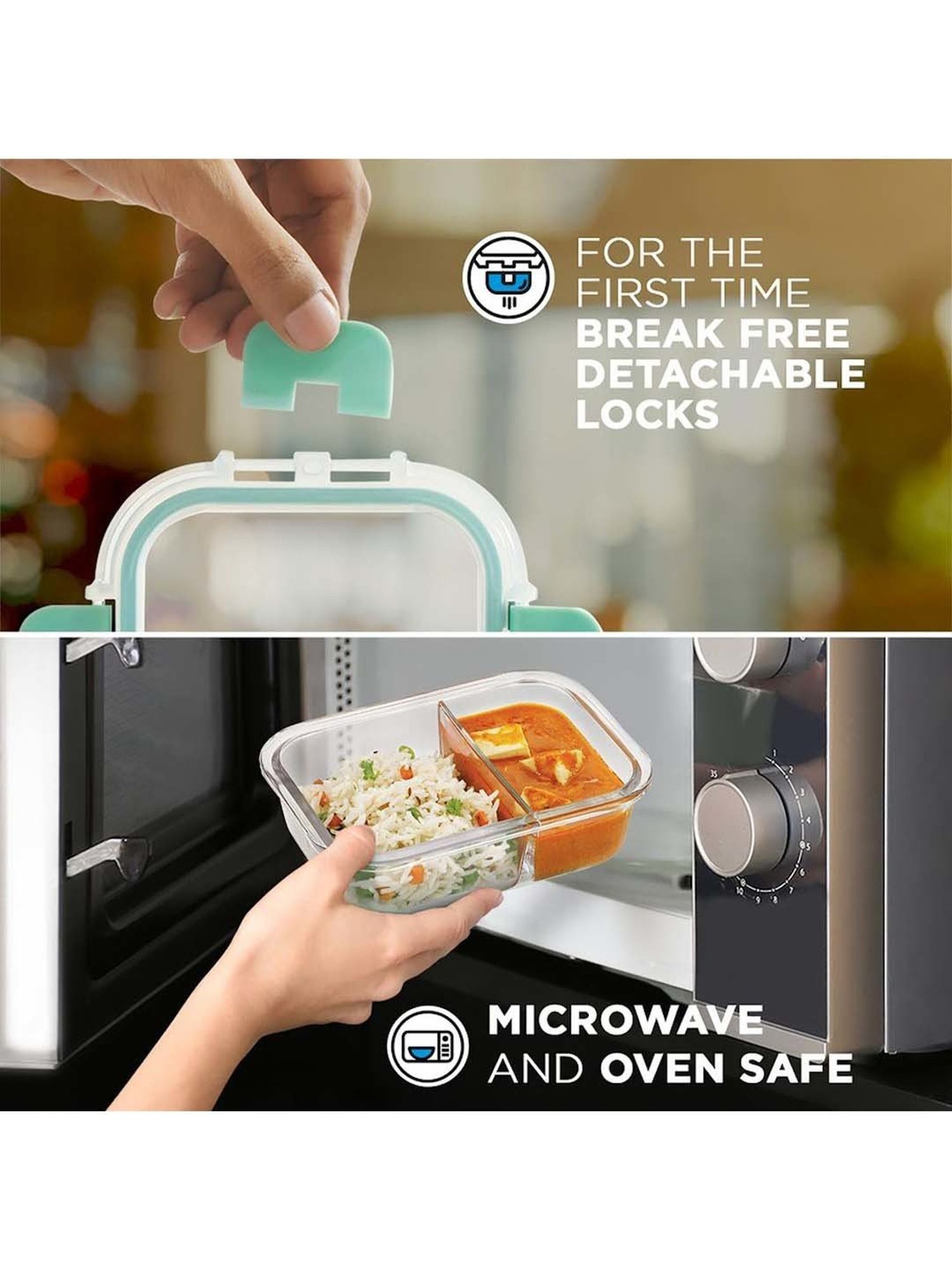 Allo Borosilicate Glass Lunch Box Microwave Oven Safe With Detachable Lock and Space Blue Tiffin Bag