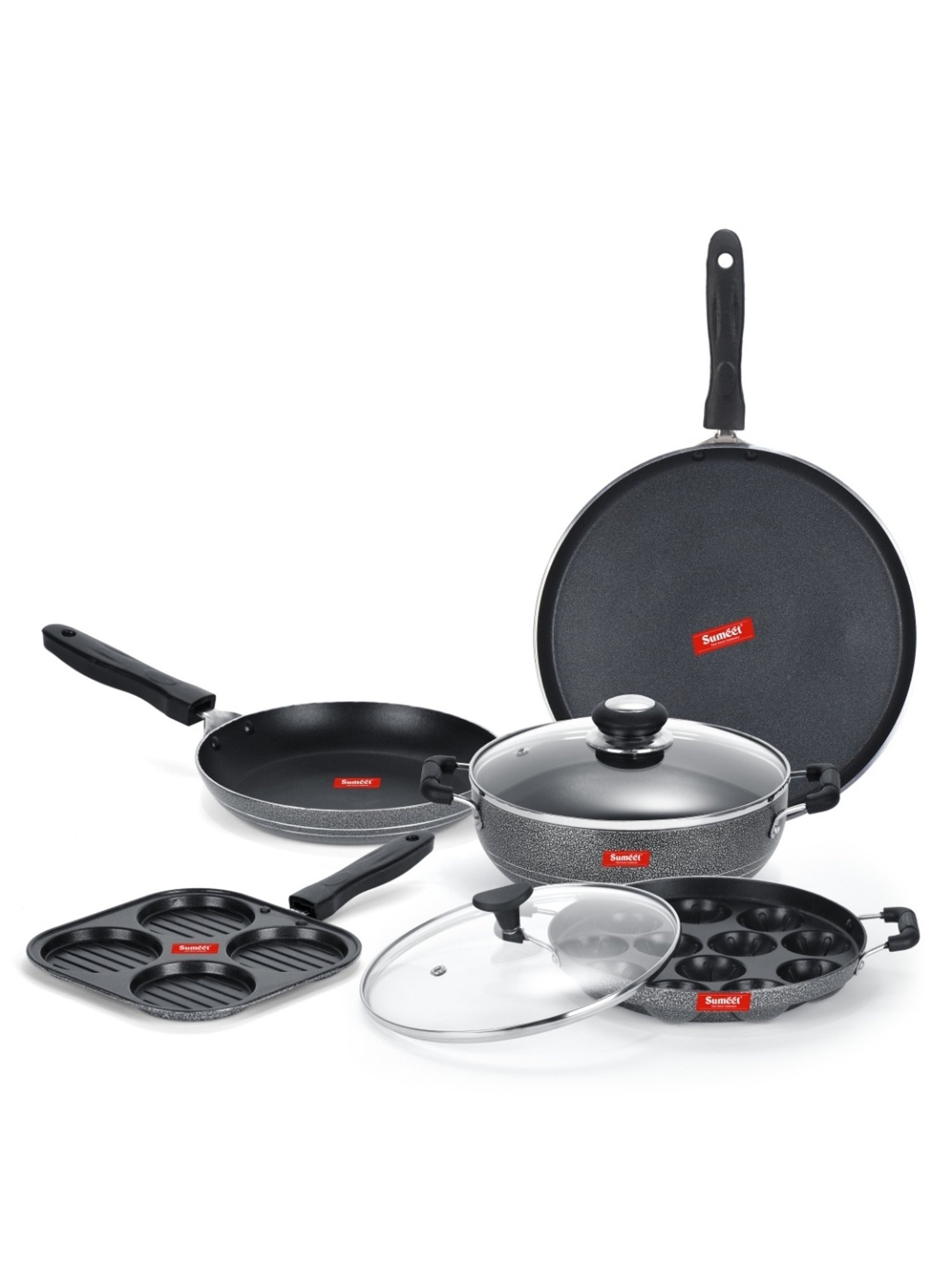 Sumeet NonStick Cookware Set-Dosa Tawa+Snack Maker+Kadhai &GlassLid+Appam Patra &GlassLid+Tapper pan